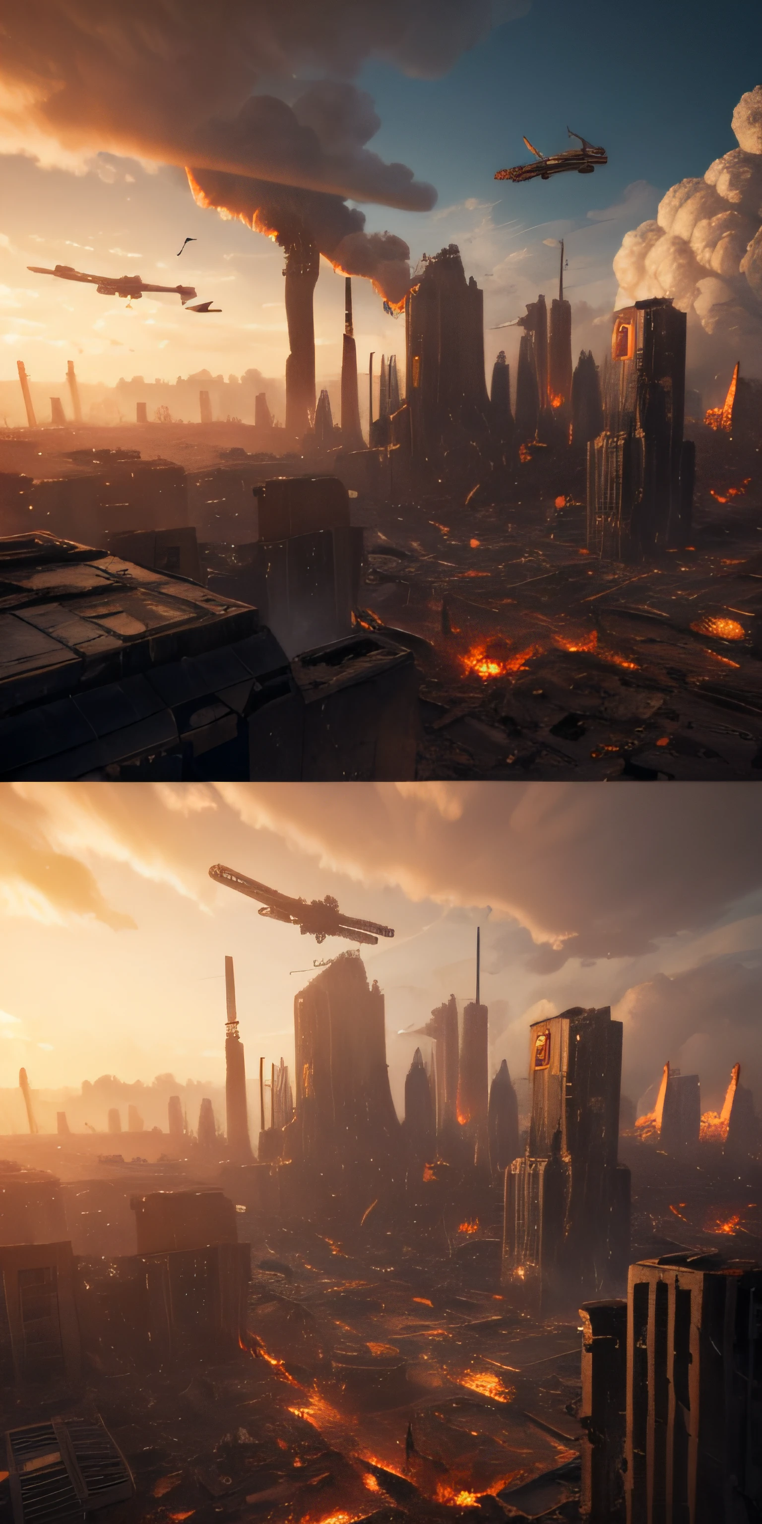a ruined futuristic metropolis with collapsed buildings and fires while enemy bombers fly overhead, realistic, 4k, chaotic, apocalyptic