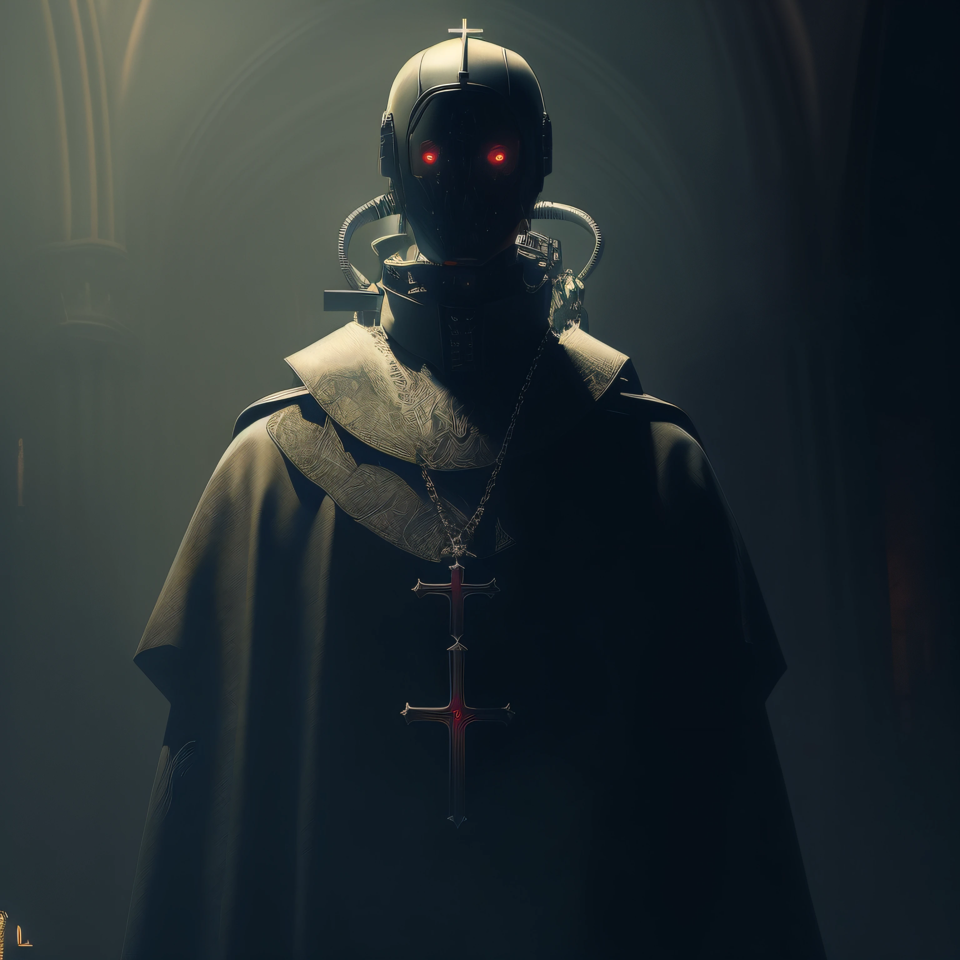 Image of a macabre robot wearing an old cassock and a cross in a dark Gothic cathedral, Cyberpunk ortodoxo, robot bishop guards, Inspirado Sci Vitoriano - Fi, robot pope, Sci fi vintage escuro, Inside a dystopian Gothic, WLOP. Scifi, knights templar in a space suit, dark fantasy science fiction, robot religion, dark sci-fi art, gothic - cyberpunk