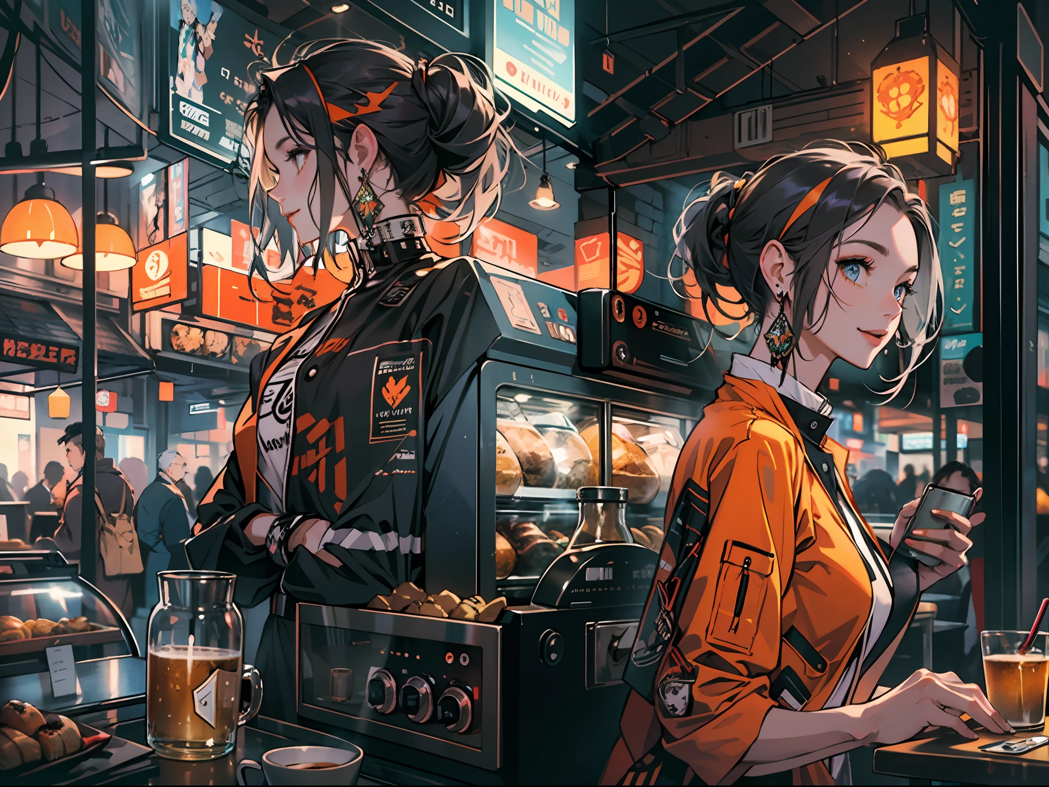Best quality，tmasterpiece，Ultra-high resolution fills the picture，Indoor at night，Cafe in the sky,Orange color scheme for the café,There was coffee and beer,Cans，the night,inside in room，Coffee machine,Coffee lockers,Orange neon color scheme,Silver-white hair，Black fashion clothing，Orange and black matching outfits,boxer，Cafe beautiful girl，cyberpunk backgrouns,The background is colorful，Lateral face，Smiling，Various laid-back poses，Perfect makeup，Love eyes，8K quality，cyber punk perssonage，sense of science and technology，Character backlighting，rim-light，Movement changes，Flowing hairstyle，Loose hairstyle,The number of fingers is refined，The most beautiful girl in mankind，Wear a headband，Luminous accessories,Luminous earrings,Wear delicate accessories,Delicate close-up of the face，Realistic image quality，Super light and shadow，Very good figure，Meticulous，Have a cup or coffee on the roof in the evening，Very good figure，Raised sexy,luminous,Cool，Very stylish café,Cafe at night,opulent,Have food,Laugh happily,Hands can be placed in pockets