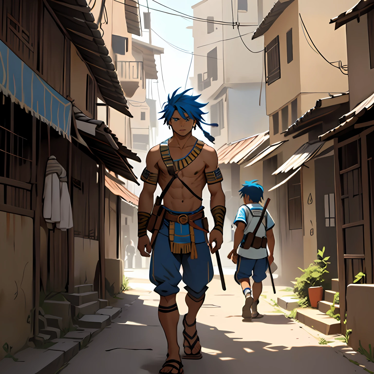 un grupo de 3 amigos cabello color azul, are 13 and 14 years old, They are side by side ready to fend off the enemy army as they invade the city 14 years of blue hair.., The 14-year-old boy with straight hair with his back uncovered and his chest bare but dressed in typical clothes of ancient Egypt with dark skin walking lost through the different streets of a city is noon. doferentes angulos mira la ciudad desde lo slto de una colina.