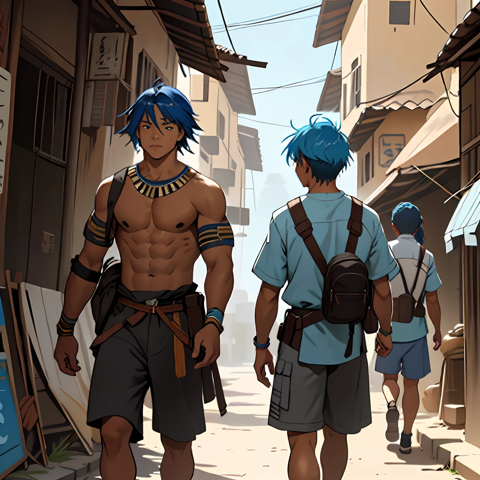 un grupo de 3 amigos cabello color azul, are 13 and 14 years old, They are side by side ready to fend off the enemy army as they invade the city 14 years of blue hair.., The 14-year-old boy with straight hair with his back uncovered and his chest bare but dressed in typical clothes of ancient Egypt with dark skin walking lost through the different streets of a city is noon. doferentes angulos mira la ciudad desde lo slto de una colina.