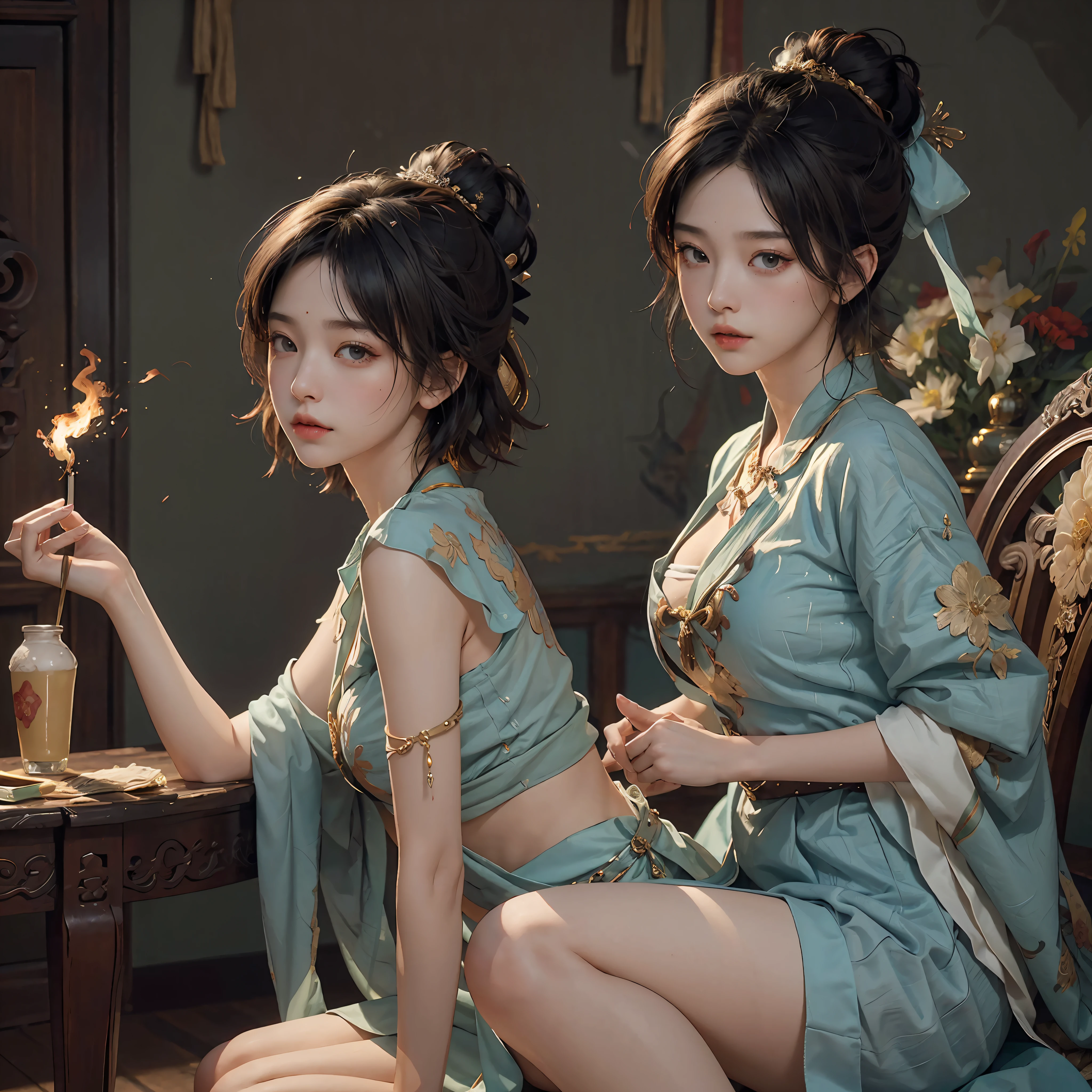 (RAW Photography、top-quality)、(realisitic、Photorealsitic:1.3)、top-quality、high-detail、masterpiece、ultra-detailliert、illustratio、1girl、((very_short_hair))、dynamic ungle、world masterpiece theater、messy_black_hair、top-quality、the Extremely Detailed CG Unity 8K Wallpapers、inky、magnifica、电影灯光、lens_flare、dunhuang_style