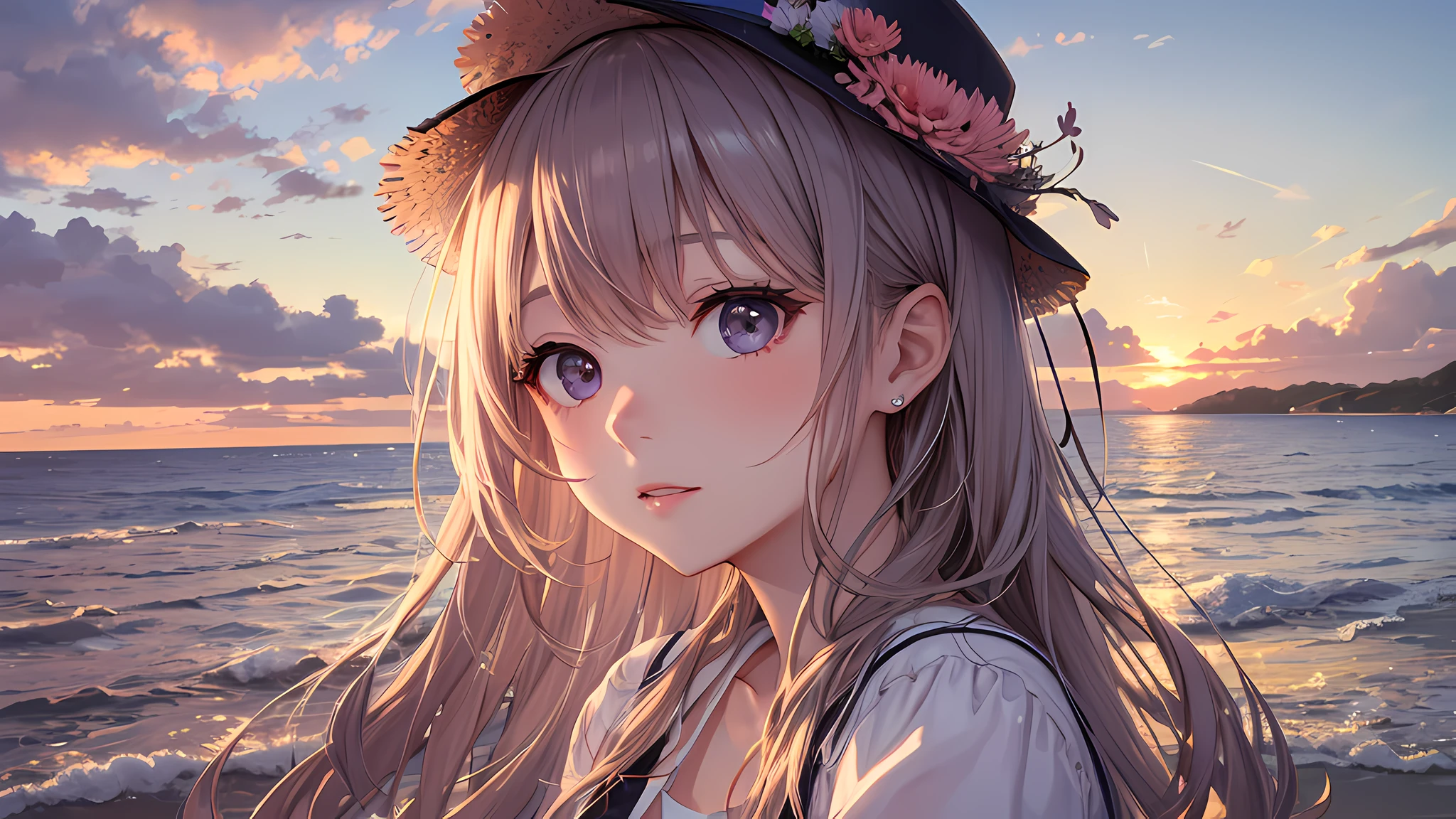 In the sunset、The girl looked at the sea anemone