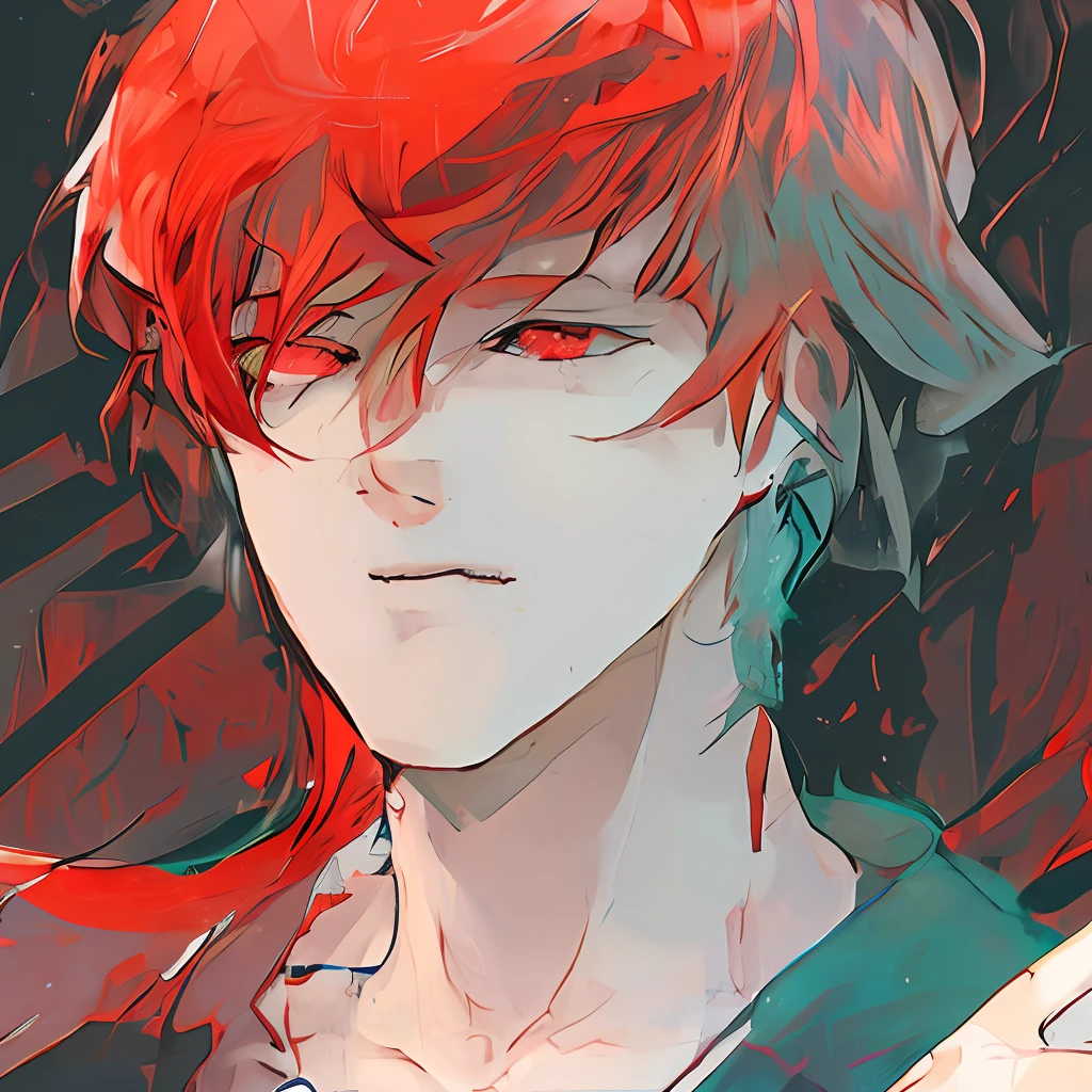 A demon boy with red hair red eyes and Black horns