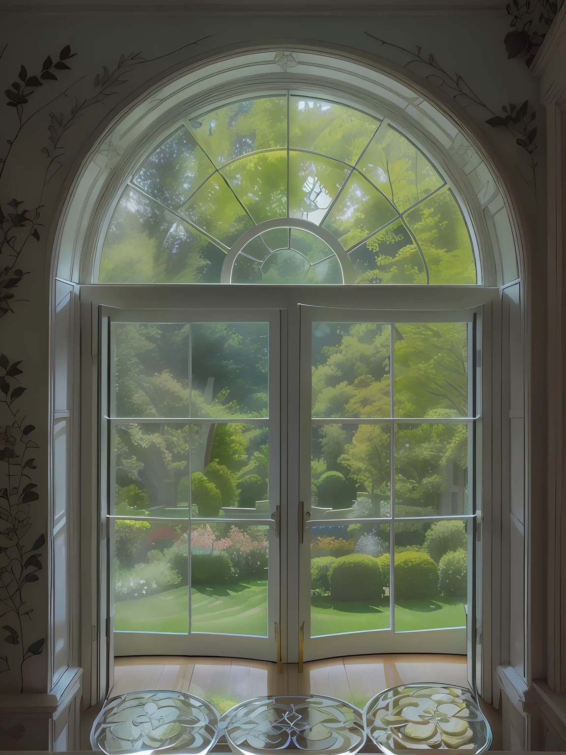 The window of the house overlooks the garden, French door window, photo of a beautiful window, Large French door window, View through a window, Inside, Window in the foreground, window open, Round windows, Round window, Window, Large round window, looking out, View from the window, Arched doorway, Round windows, View from the window