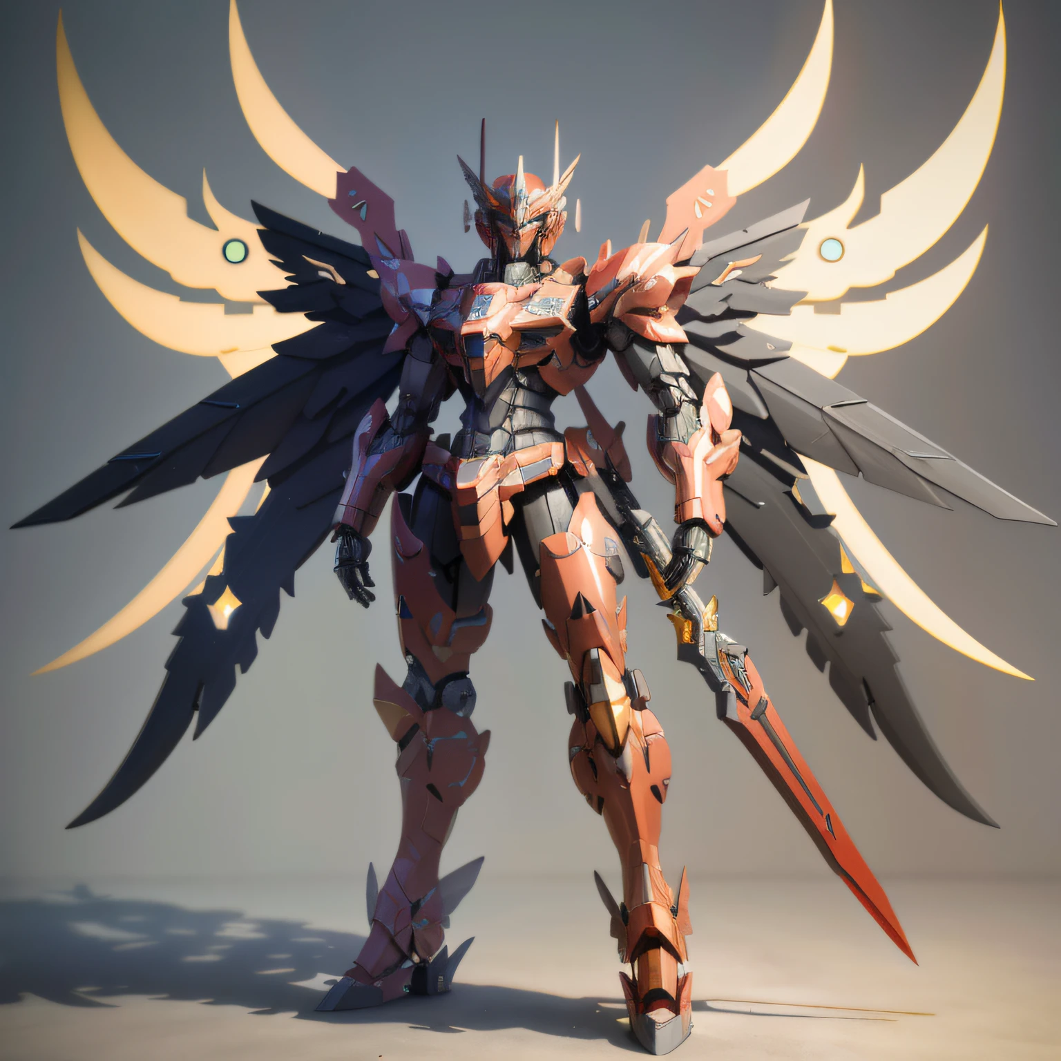 A robot with wings and a sword, Mecha wings, futuristic robot angel, armor angle with wing, anime styled 3d, 3 D rendering character art 8 K, greek god in mecha style,, cool mecha style, Mechanical weapon blade with light blade,The mech's face is black metal