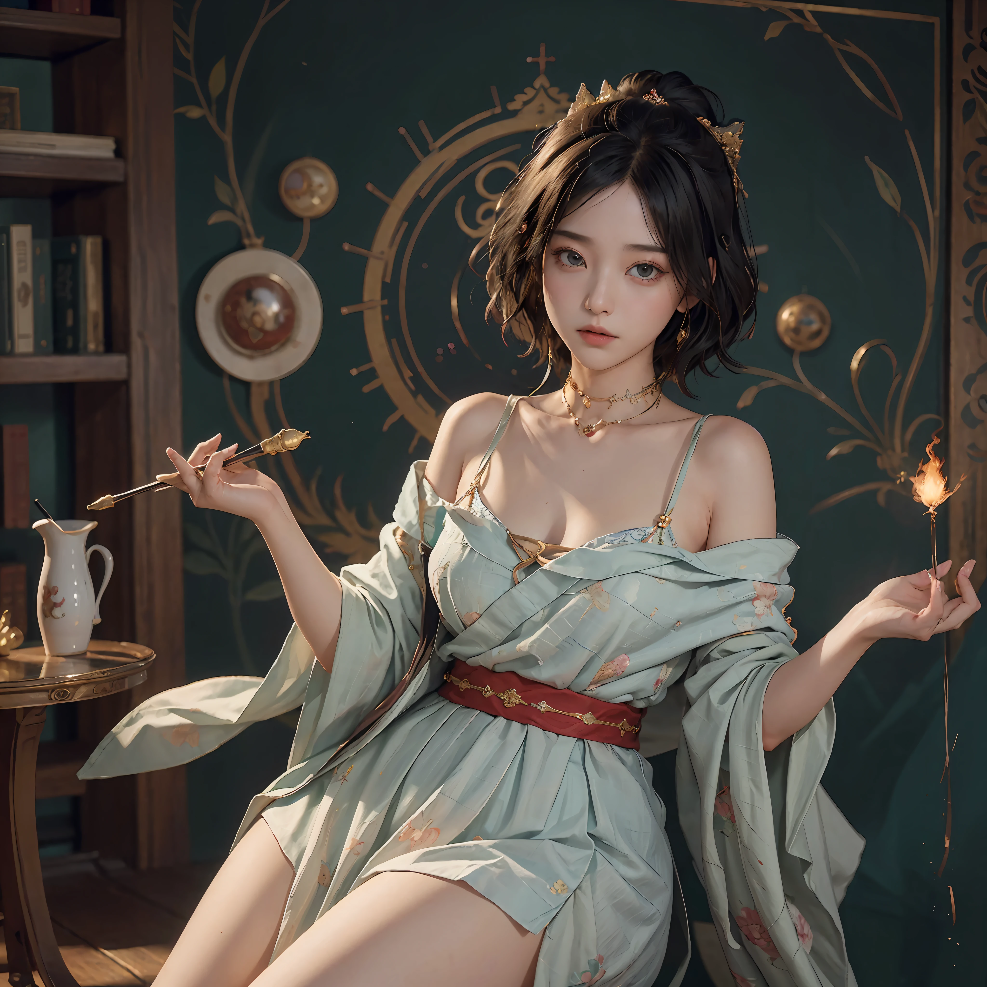 (RAW Photography、top-quality)、(realisitic、Photorealsitic:1.3)、top-quality、high-detail、​masterpiece、ultra-detailliert、illustratio、1girl、((very_short_hair))、dynamic ungle、world masterpiece theater、messy_black_hair、top-quality、the Extremely Detailed CG Unity 8K Wallpapers、inky、magnifica、电影灯光、lens_flare、dunhuang_style