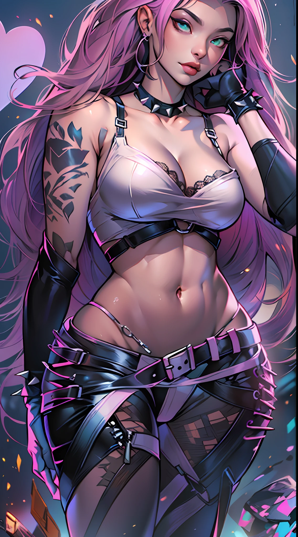 Loving, Love, (beautiful and clear background:1.2), high detailed eyes , underwear, lace, latex, Pink, Purple, mint, Blue, Yellow, lavender hair, body piercings, Loving, Love, ultra detail hair, Masterpiece, Best Quality, hiquality, hight resolution, detail enhancement, ((most beautiful image in the world)), Masterpiece, Best Quality, hiquality, hight resolution, detail enhancement, ((most beautiful image ), art by stjepan sejic, art by j scott campbell, Artist Guillem March, art by citemer liu, 4k, hight resolution,high quality detailed, style of ::2.0 comix illustration style,hiquality, hight resolution, detail enhancement, 8K, HD, Best Quality, hiquality, hight resolution, detail enhancement, 8K, HDR, sharp-focus, Ultra Detailed, perfect lighting, Curvy Body, Lush , Curvy hips, rock, rock star, Cool,black leather jacket , style of, spikes, Cat's ears, Cool bracelets, Choker, Short shorts, fishnet pantyhoeart Print, Heart, Wearing gloves