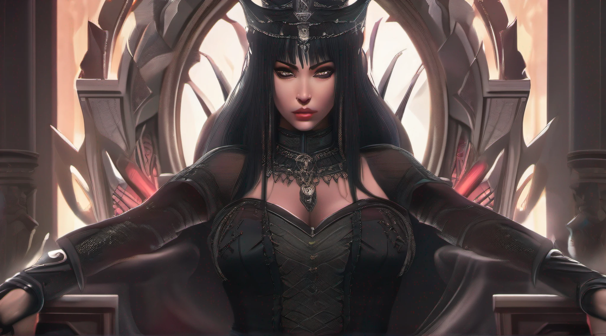 ((Best quality)), ((masterpiece)), (highly detailed:1.3),a woman black hair bangs covering her eyes, intimidating demon queen very angry, sitting on the throne dressed all black laughing bracelets pantyhose