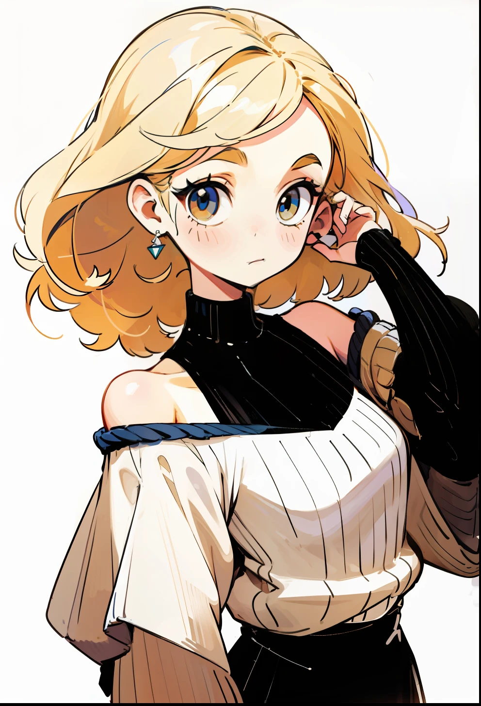 Half-up half-down hair, 1Girl, Knitting garments, a blond, off-the-shoulders