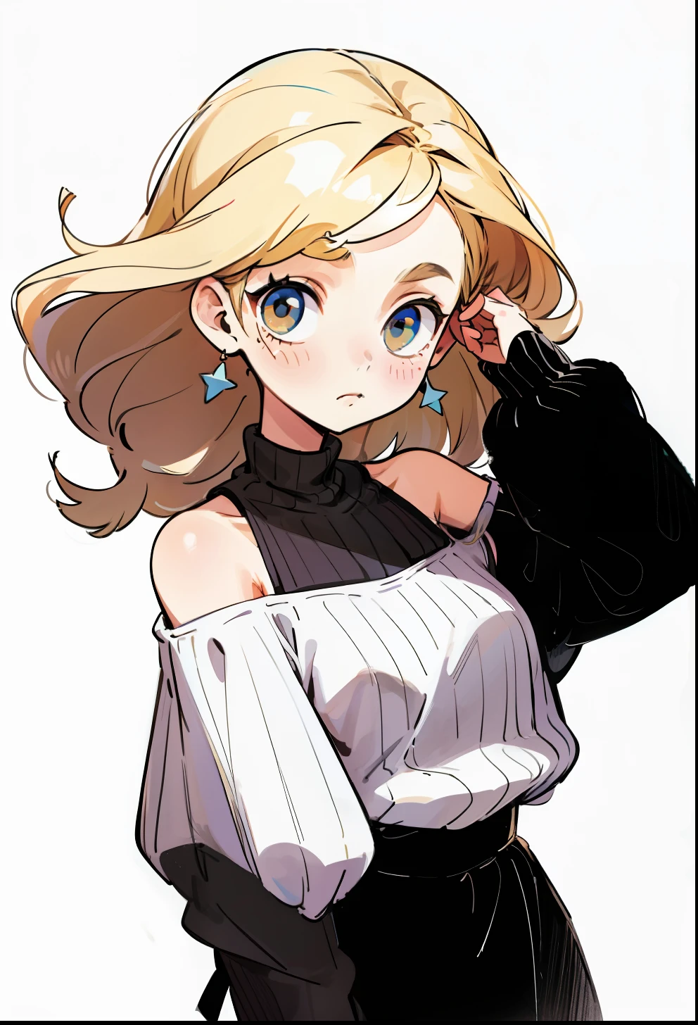 Half-up half-down hair, 1Girl, Knitting garments, a blond, off-the-shoulders