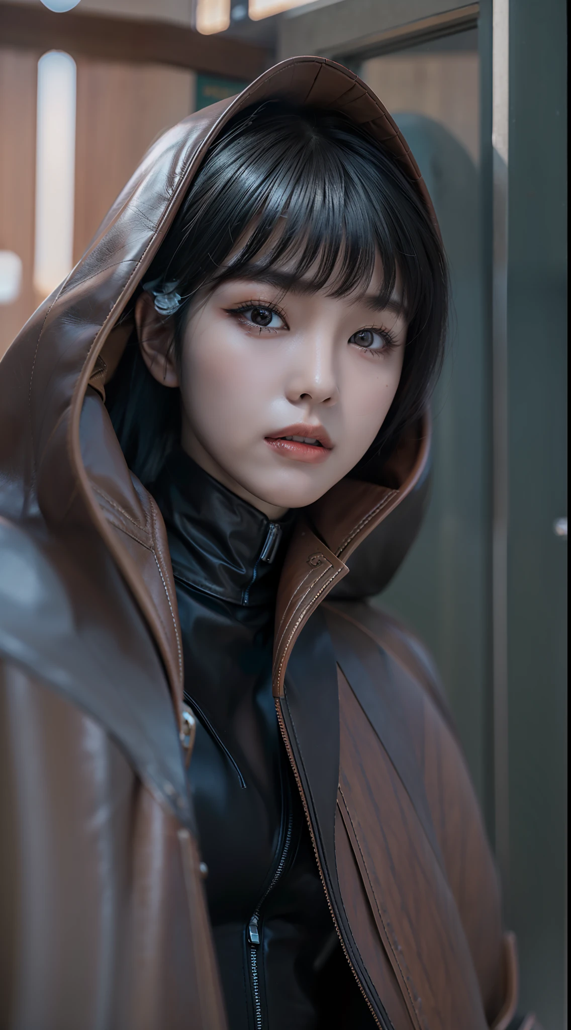 black hair, Super Detail The game Gongsun leaves the character prototype and wears a tight leather suit, Surrealism, Surrealism, high detail, Expressionism, ray tracing, cinematic lighting, Eye-Level Shot, 8k, textured skin, high details, high quality, best quality, 4K, 8k