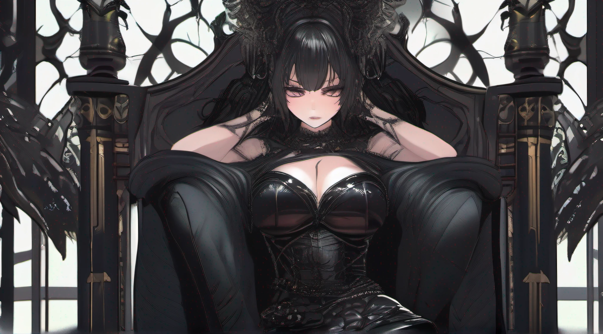 ((Best quality)), ((masterpiece)), (highly detailed:1.3),a woman black hair bangs covering her eyes, intimidating demon queen very angry, sitting on the throne dressed all black laughing bracelets pantyhose
