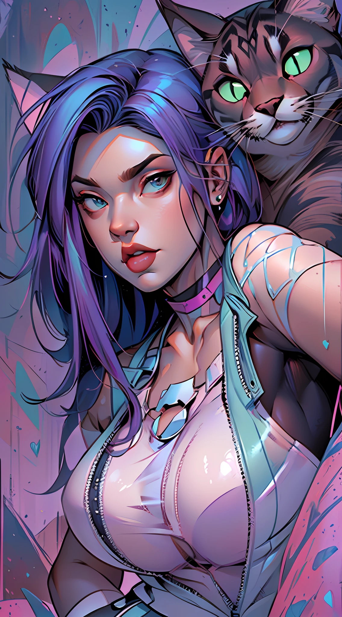Loving, Love, (beautiful and clear background:1.2), high detailed eyes , underwear, lace, latex, Pink, Purple, mint, Blue, Yellow, lavender hair, body piercings, Loving, Love, ultra detail hair, Masterpiece, Best Quality, hiquality, hight resolution, detail enhancement, ((most beautiful image in the world)), Masterpiece, Best Quality, hiquality, hight resolution, detail enhancement, ((most beautiful image ), art by stjepan sejic, art by j scott campbell, Artist Guillem March, art by citemer liu, 4k, hight resolution,high quality detailed, style of ::2.0 comix illustration style,hiquality, hight resolution, detail enhancement, 8K, HD, Best Quality, hiquality, hight resolution, detail enhancement, 8K, HDR, sharp-focus, Ultra Detailed, perfect lighting, Curvy Body, Lush breasts, Curvy hips, rock, rock star, Cool,black leather jacket , style of, spikes, Cat's ears, Cool bracelets, Choker, Short shorts, fishnet pantyhose, Heart Print, Heart, Wearing gloves