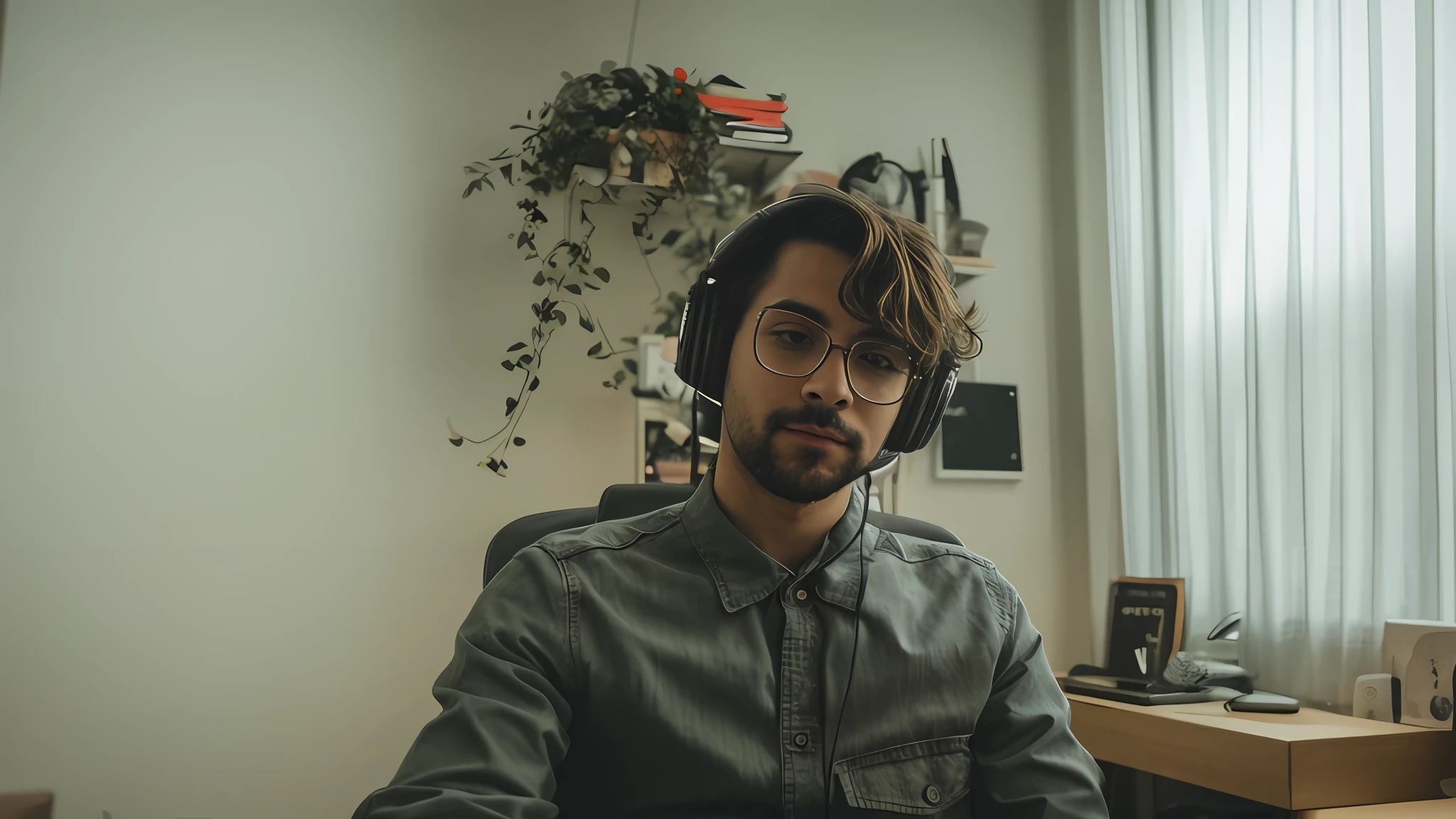 There's a man sitting at a desk with a laptop and headphones on, imagem de qualidade muito baixa, com fones de ouvido, Streamer do Twitch / Jogador Ludwig, com fones de ouvido, Foto de perfil do headshot, Retrato de Lofi