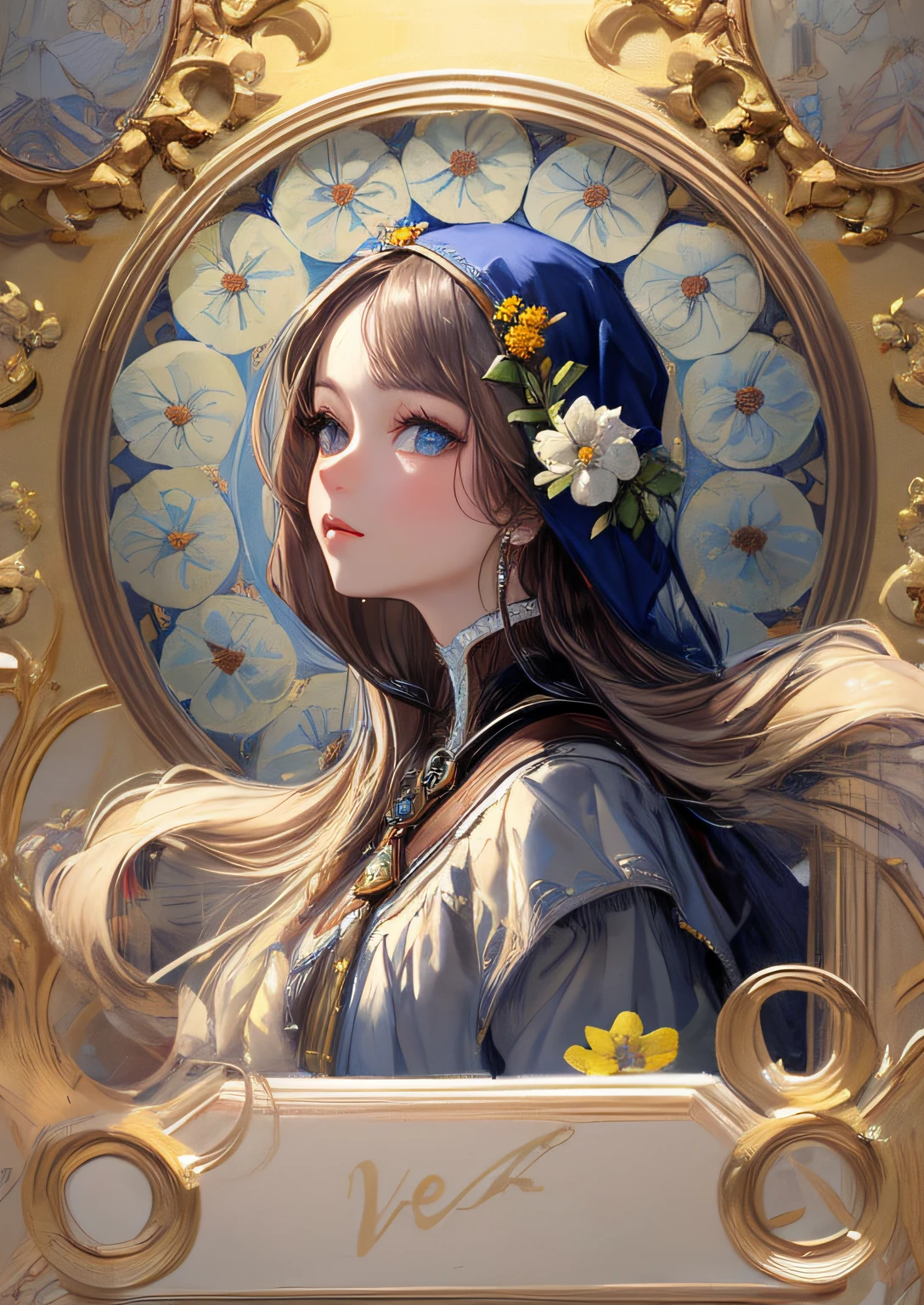 (masterpiece, best quality, detailed beautiful:1.2), (perfect sketch, detailed clothes, detailed eyes), Krenz Kchart style, Johannes Vermeer style, (1girl), solo, (looking left), dressed like nordic goddess, (portrait, shot from side), a lot of flowers in the frame,