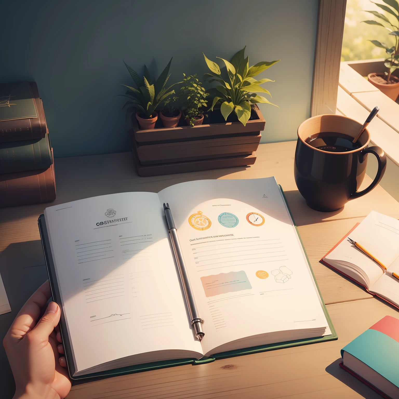 An inspiring illustration that depicts a person creating their goals. A cena mostra a pessoa sentada em uma mesa ou em um ambiente calmo e inspirador, with an open notebook in front of you. She's focused, escrevendo seus objetivos de forma cuidadosa e determinada. The surrounding environment can be decorated with elements that represent personal growth and motivation, como plantas, livros ou cartazes com frases inspiradoras. A luz pode ser suave, creating a cozy atmosphere conducive to reflection and planning. The colors used in the illustration can be vibrant and positive, conveying a sense of enthusiasm and energy. Detalhes como canetas coloridas, Markers or post-its can be added to show the process of creating the goals in a creative way. The expression on the person's face can be one of determination and confidence, showing that she is focused on setting meaningful goals for her life. The notes in your notebook may vary, representando objetivos pessoais, profissionais, health, financeiros ou qualquer outro aspecto importante para seu crescimento. This illustration inspires the viewer to also reflect on their own goals and aspirations, encouraging you to create goals and plans to achieve your dreams. Representa um momento de autodescoberta e autodesenvolvimento, underscoring the importance of setting clear goals to drive the journey towards success and personal fulfillment. --ar 16:9 --v 5