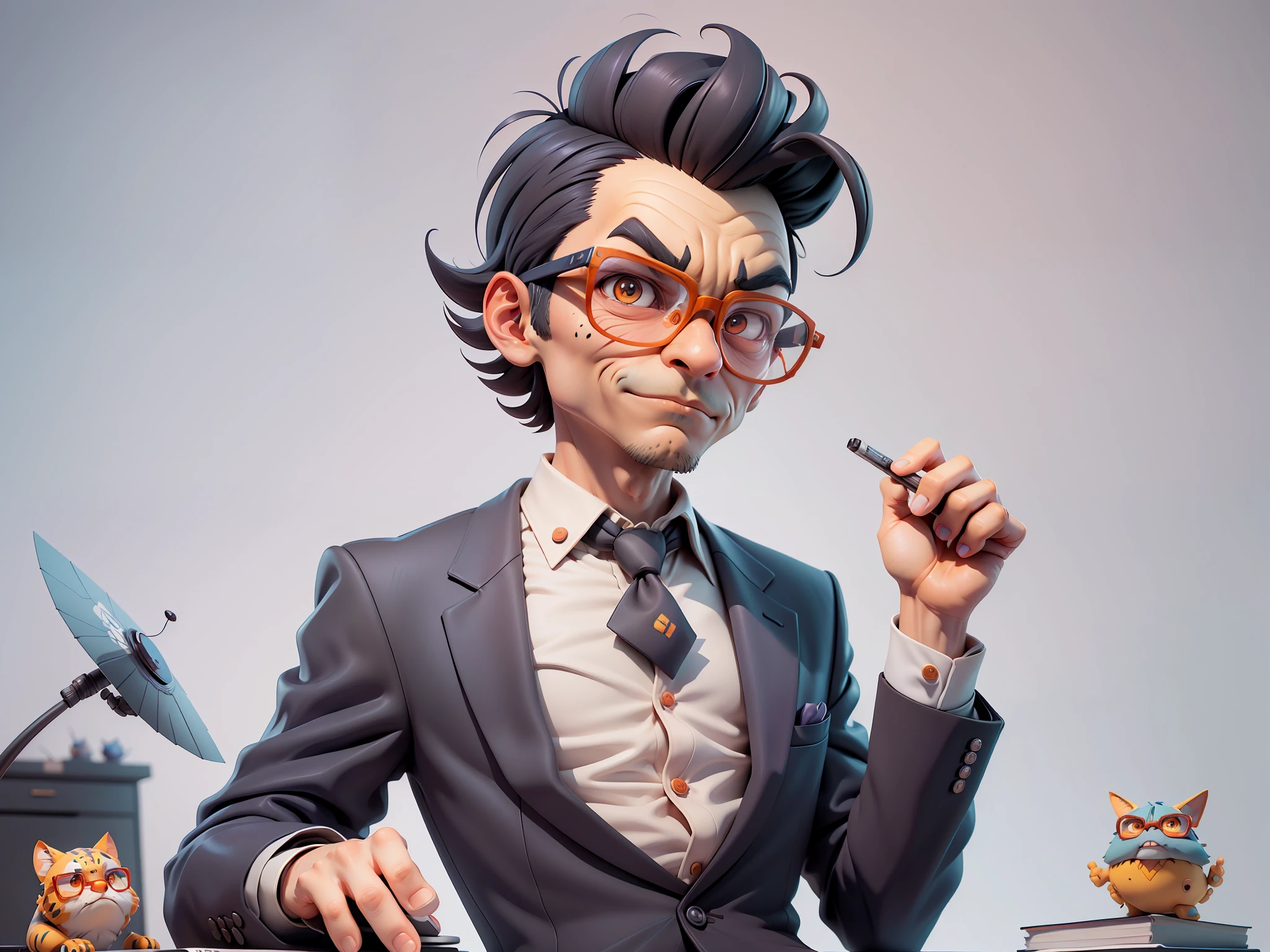 A young man in a suit, Short hair and glasses sat at his desk，holding laptop，digitial painting，tigre，3D character design by Mark Clairen and Pixar and Hayao Miyazaki and Akira Toriyama，4K HD illustration，Very detailed facial features and cartoon-style visuals。