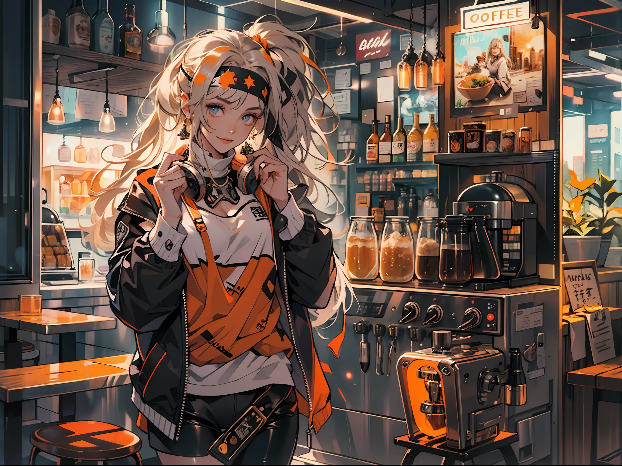 Best quality,tmasterpiece,Ultra-high resolution fills the picture,Indoor at night,Cafe in the sky,Orange color scheme for the café,There was coffee and beer,Cans,the night,inside in room,Coffee machine,Coffee lockers,Orange neon color scheme,Silver-white hair,Black fashion clothing,Orange and black matching outfits,boxer,Cafe beautiful girl,cyberpunk backgrouns,The background is colorful,Lateral face,Smiling,Various laid-back poses,Perfect makeup,Love eyes,8K quality,cyber punk perssonage,sense of science and technology,Character backlighting,rim-light,Movement changes,Flowing hairstyle,Loose hairstyle,The number of fingers is refined,The most beautiful girl in mankind,Wear a headband,Luminous accessories,Luminous earrings,Wear delicate accessories,Delicate close-up of the face,Realistic image quality,Super light and shadow,Very good figure,Meticulous,Have a cup or coffee on the roof in the evening,Very good figure,Raised sexy,luminous,Cool,Very stylish café,Cafe at night,opulent,Have food,Laugh happily,Hands can be placed in pockets