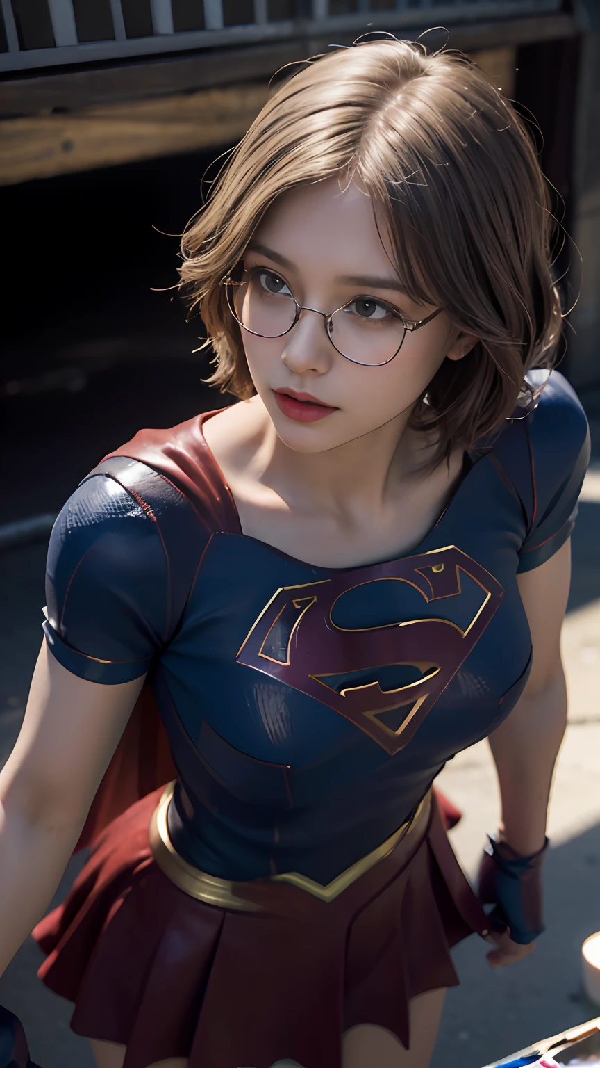 (((beauty in glasses, European appearance, in full height, in the artist's clothes))) (((hair light, European Eye Shape))), Average Breasts, Short hair, Bob haircut, ((in the garage, Paints, Tassels, canvas, Unfinished paintings))), 8K, Best Quality, real picture, intricate details, Ultra-detailed, ultra highres, depth field, (Photorealistic, Realistic:1.2), Masterpiece, (supergirl), superhero, Best Quality, Realistic, Photorealistic, (intricate details:1.2), (delicate detailed), (cinematiclight), sharp-focus, realistic face, Detailed Face, wallpapers