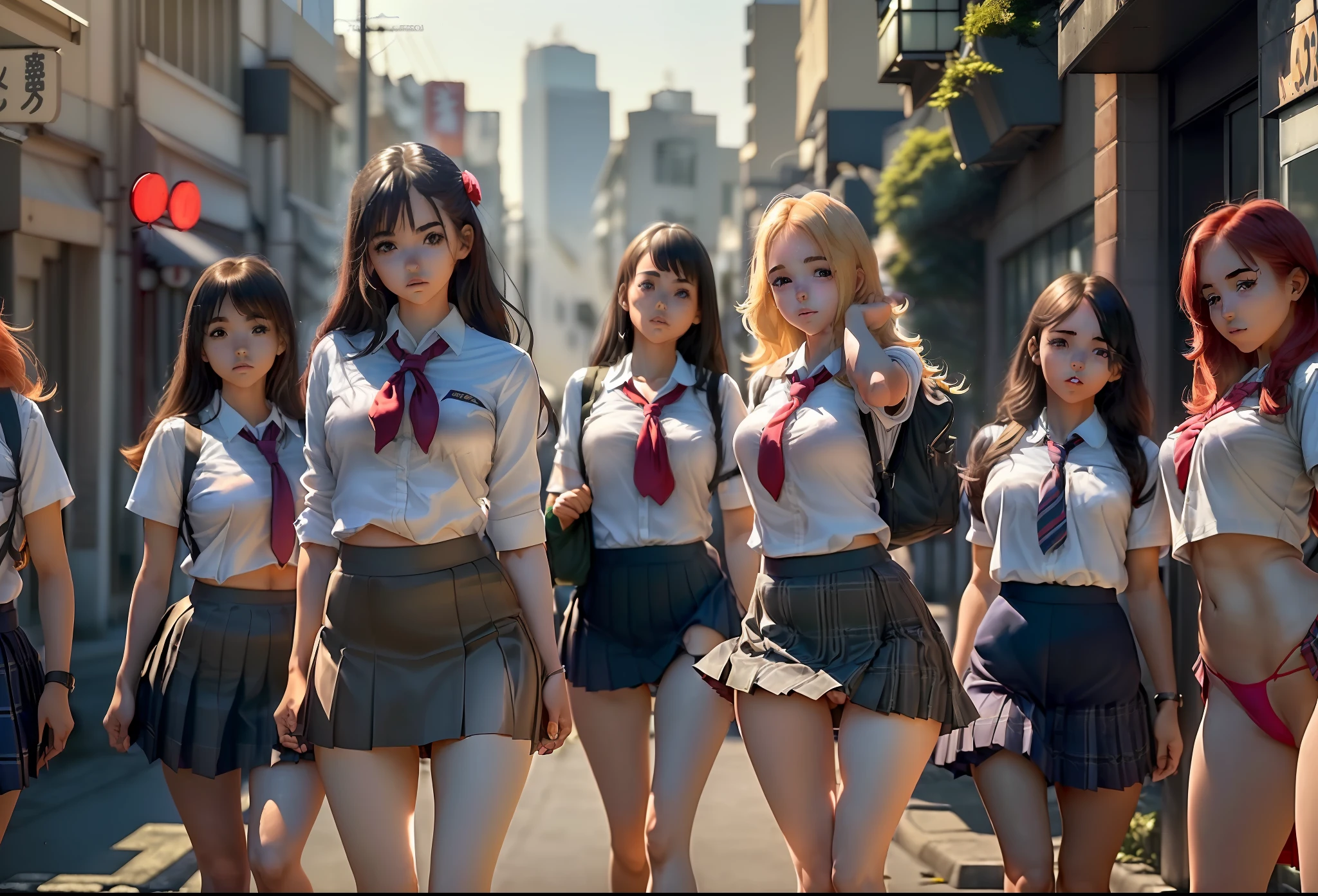 ((((Several girls in school uniforms lift their skirts in the street.)))) (((Japanese girl))) 4k, fotografia, obra-prima, melhor qualidade, ((meninas se exibindo na rua)).((grupo de meninas: 1.4)) menina magra, seios empinados, Poses variadas. ((seios pequenos :1.4)),(menina pequena, coxas finas),(Seios muito macios, camel toe marcado), Rosto ultra-detalhado, bochechas vermelhas, olhos brilhantes e detalhados. ((The girls are without panties and lifting their skirts))