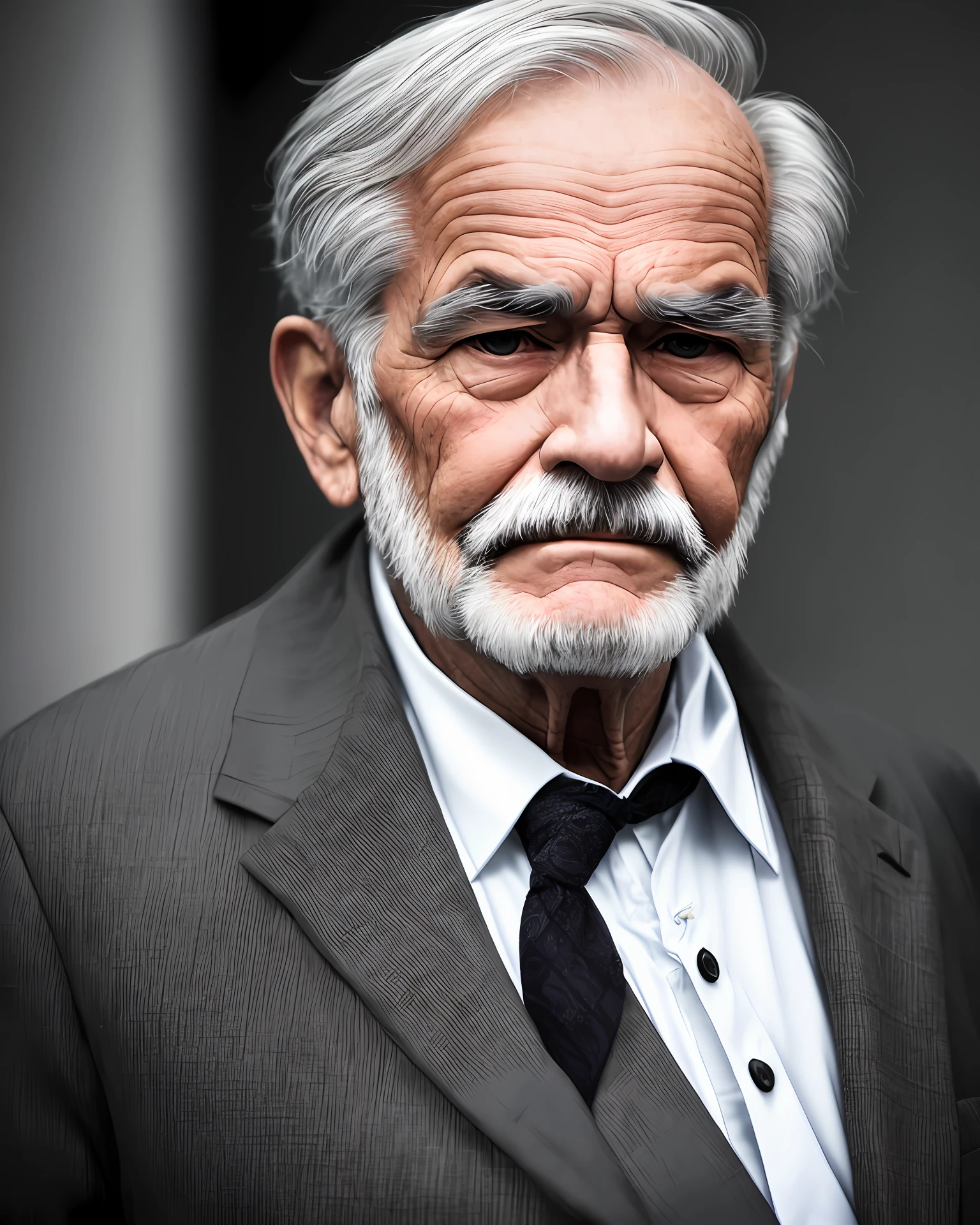 Old man with gray beard dressed in suit with serious appearance and dark eyes