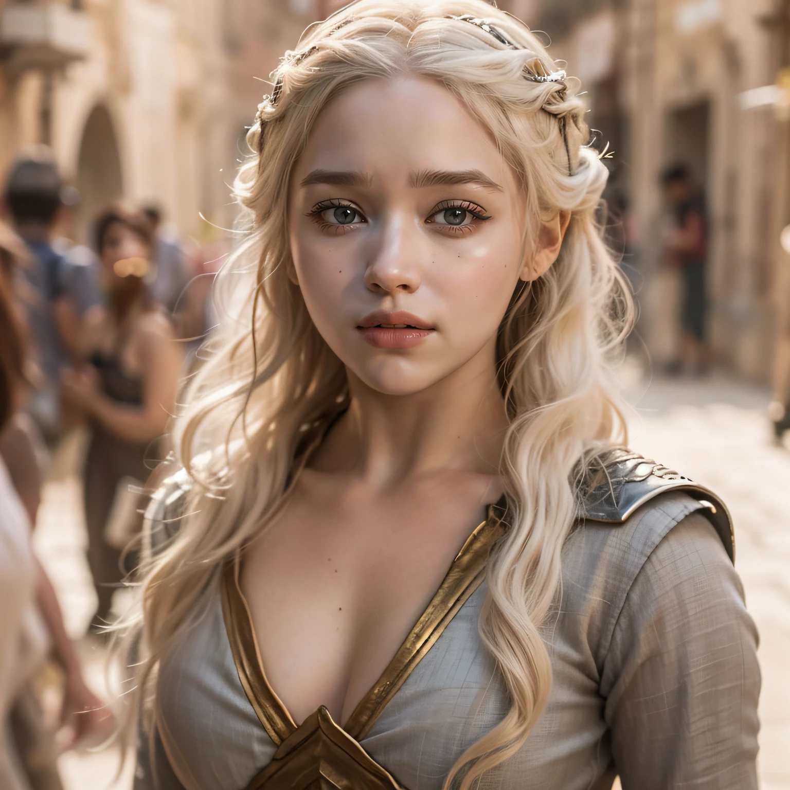 Emilia Clarke portraying Daenerys Targaryen, she is giant sized, she is wearing archaic clothing, she is walking through the streets of the city of Meereen, the lighting is midday, very revealing top, 4kHD, extra detail, hyper realistic, looking away from the camera, she has a neutral facial expression, fix face, fix hands, fix mouth, fix eyes