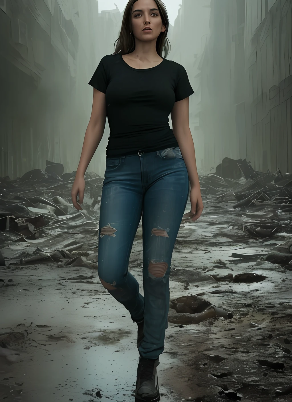 realistic photo (modelshoot style), (detailed face), ((woman waifu in a cramped rusty )), sunset, oily, sweaty, dirty, ripped, post-apocalyptic, natural skin texture, 24mm, 4k textures, soft cinematic light, adobe lightroom, photolab, hdr, (full shot body:1.4) photo of android woman, soviet union, 70s, retrofuturism, masterpiece, (photorealistic:1.4), best quality, ((old torn black round neck plain Tee-shirt, torn jeans, dirty clothes,)) beautiful lighting, ((old torn clothes, dirty))lying beaten on the ground, rain, mud, puddles, braided hairstyle, ray tracing, space background, ( very detailed background, detailed complex busy background : 1.4 ), sharp focus, volumetric fog, 8k uhd, dslr, high quality, film grain, ((depressive mood)), photorealism, lomography , at ( A sprawling soviet metropolis in a future dystopia ), view from below , translucency , (HDR:1.2), Mar, basic tee-shirt full length, in different action, standing, walking, sitting running