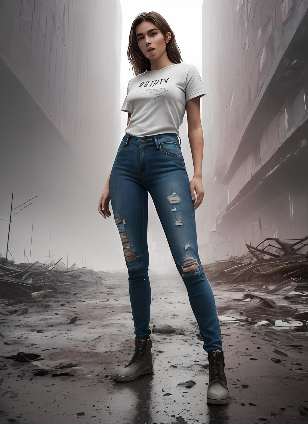 realistic photo (modelshoot style), (detailed face), ((woman waifu in a cramped rusty )), sunset, oily, sweaty, dirty, ripped, post-apocalyptic,  natural skin texture, 24mm, 4k textures, soft cinematic light, adobe lightroom, photolab, hdr, (full shot body:1.4) photo of android woman, soviet union, 70s, retrofuturism, masterpiece, (photorealistic:1.4), best quality, ((old torn black round neck plain Tee-shirt, torn jeans, dirty clothes,)) beautiful lighting, ((old torn clothes, dirty))lying beaten on the ground, rain, mud, puddles, braided hairstyle, ray tracing, space background, ( very detailed background, detailed complex busy background : 1.4 ), sharp focus, volumetric fog, 8k uhd, dslr, high quality, film grain, ((depressive mood)), photorealism, lomography , at ( A sprawling soviet metropolis in a future dystopia ), view from below , translucency , (HDR:1.2), Mar, basic tee-shirt full length, in different action, standing, walking, sitting running
