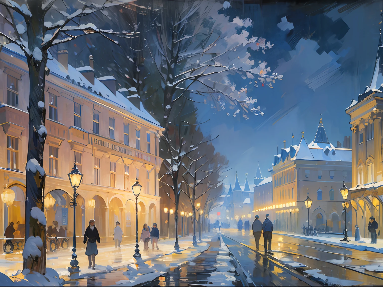 ((palace)), columns, lights in windows, ((Russia)), ((19 century)), coaches, snow, winter, night, evening, (Renoir), (Monet), (oil painting), (Sketch)