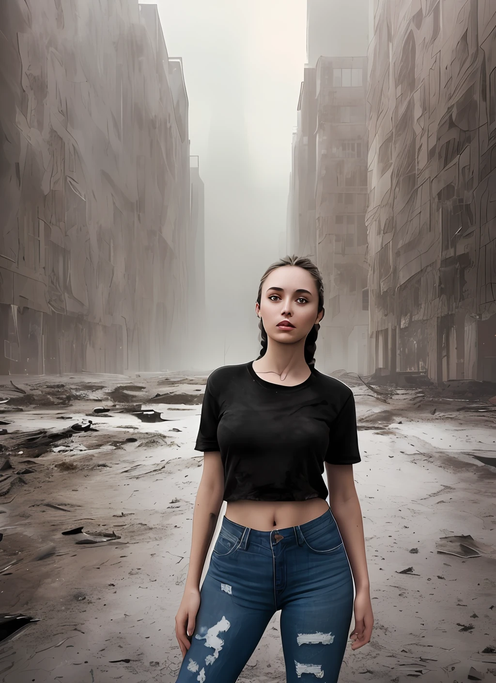 realistic photo (modelshoot style), (detailed face), ((woman waifu in a cramped rusty )), sunset, oily, sweaty, dirty, ripped, post-apocalyptic,  natural skin texture, 24mm, 4k textures, soft cinematic light, adobe lightroom, photolab, hdr, (full shot body:1.4) photo of android woman, soviet union, 70s, retrofuturism, masterpiece, (photorealistic:1.4), best quality, ((old torn black round neck plain Tee-shirt, torn jeans, dirty clothes,)) beautiful lighting, ((old torn clothes, dirty))lying beaten on the ground, rain, mud, puddles, braided hairstyle, ray tracing, space background, ( very detailed background, detailed complex busy background : 1.4 ), sharp focus, volumetric fog, 8k uhd, dslr, high quality, film grain, ((depressive mood)), photorealism, lomography , at ( A sprawling soviet metropolis in a future dystopia ), view from below , translucency , (HDR:1.2), Mar, basic tee-shirt full length, in different action, standing, walking, sitting running