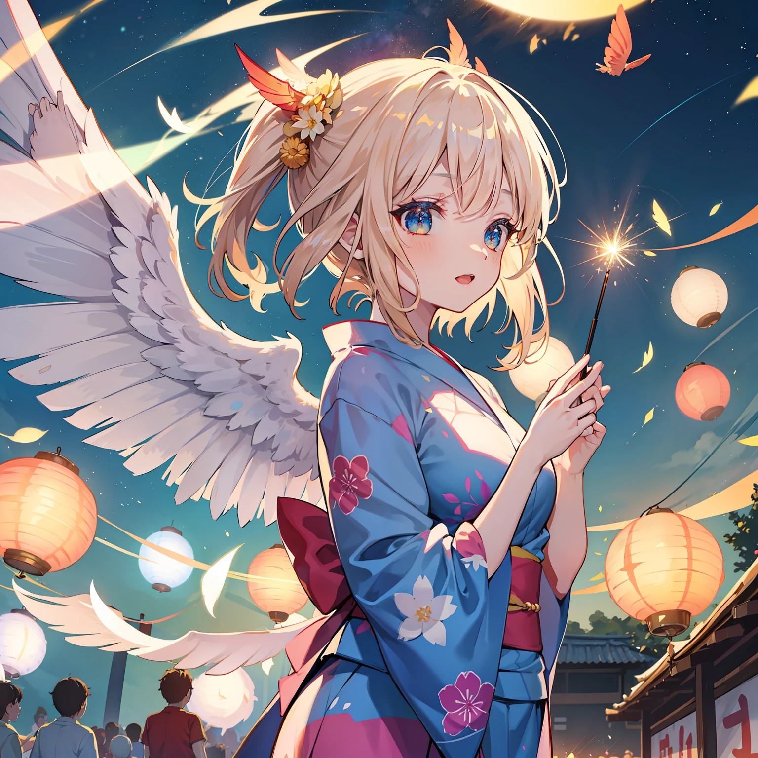 Neutral Girl、sparklers、Fulll body Shot、the setting sun、((Summer Festivals))、Wearing yukata、(paper lanterns)、(((Shine one very large wing)))、Great frolic、hiquality、high-level image quality、Particles of light floating in the sky、ultra-detailliert, Beautifully Aesthetic, masterpiece, top-quality, vivd colour, wings are symmetrical、Have a sparkler