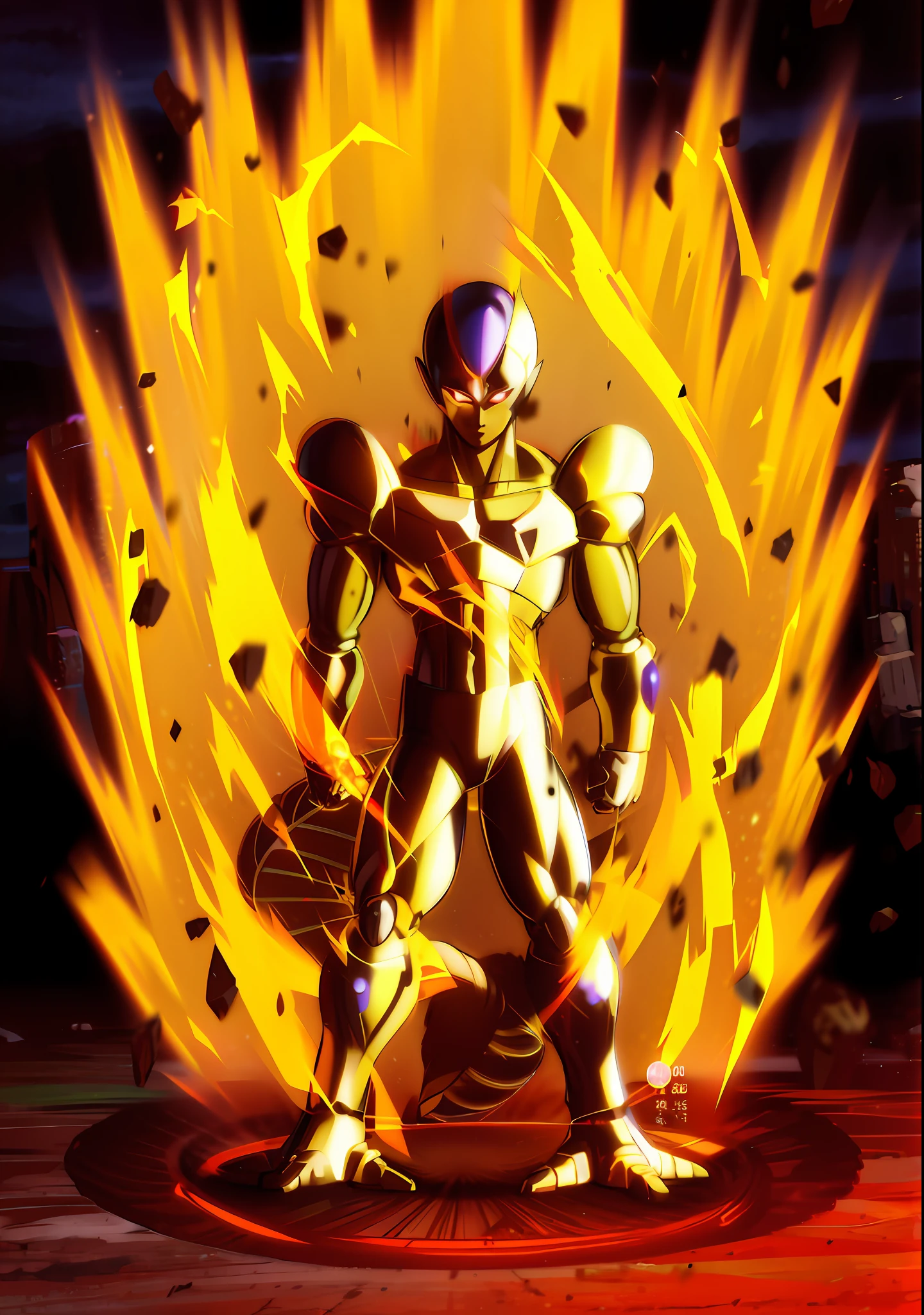 Golden Cooler, solo, on the ground standing looking at the viewer Masterpiece, best quality, hyper realistic, 2 arms, 2 legs, 1 single tail, full body, red detailed eyes, golden aura around, golden rays around, planet exploding in the background