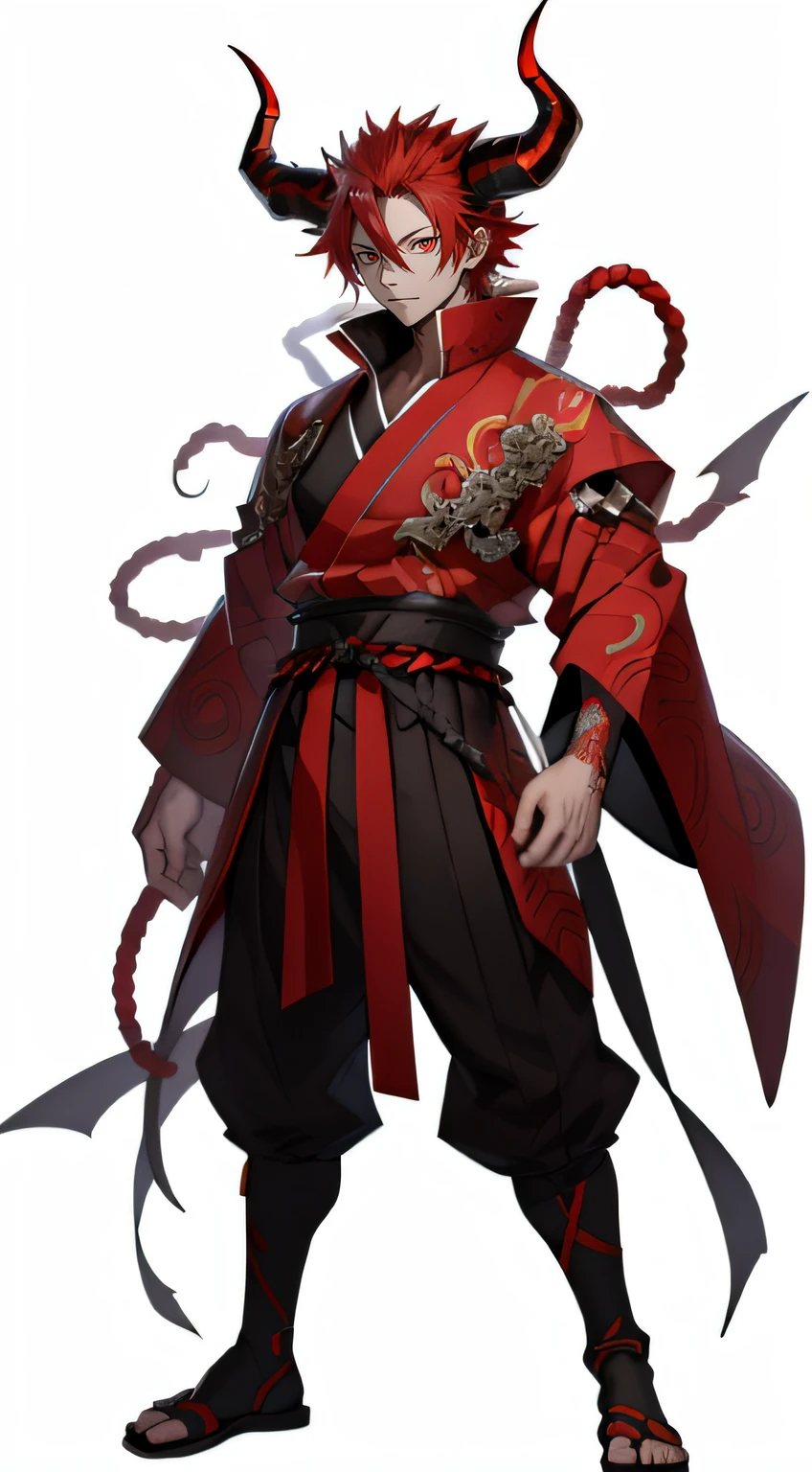 onimous、Devil's horns grow from the head、Red-haired、Komono、white backgrounid、masutepiece, superfine illustration, Extremely detailed, 1boy, Flat background, Full body, Standing, very detailed face and eyes,