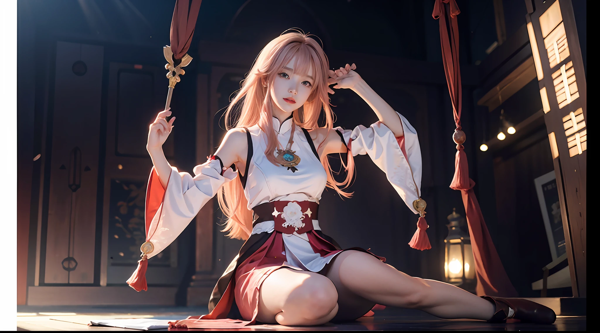 Girl in pink dress posing enchantingly, Keqing from Genshin Impact, Nakari from Genshin Impact, Barbie in white lace stockings, from Azure Lane video game, Ki no Sakura, popular on CGSTATION, Ayaka Genshin Impact, Ayaka Game Genshin Impact, sitting, lights hitting important places, Peter Savile's "Super Wide Angle" album cover in gold and black tones adds a historical and traditional atmosphere to the futuristic background East Asian architecture, blurred background, full body, With the arms behind the back, overall, the design creates a powerful visual representation that evokes excitement and anticipation in the viewer, evoking their feelings about the music within the album. Flowers in hand