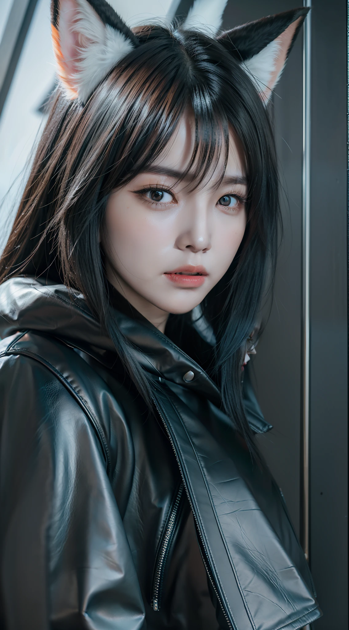 Black hair,Has fox ears, Super Details Game Gongsun leaves the character archetype,Wear a tight leather jacket, surrealism, surrealism, High detail, expressionistic, Ray tracing, Cinematic lighting, Eye level shots, 8K, Textured skin, High details, High quality, Best quality, 4K, 8K