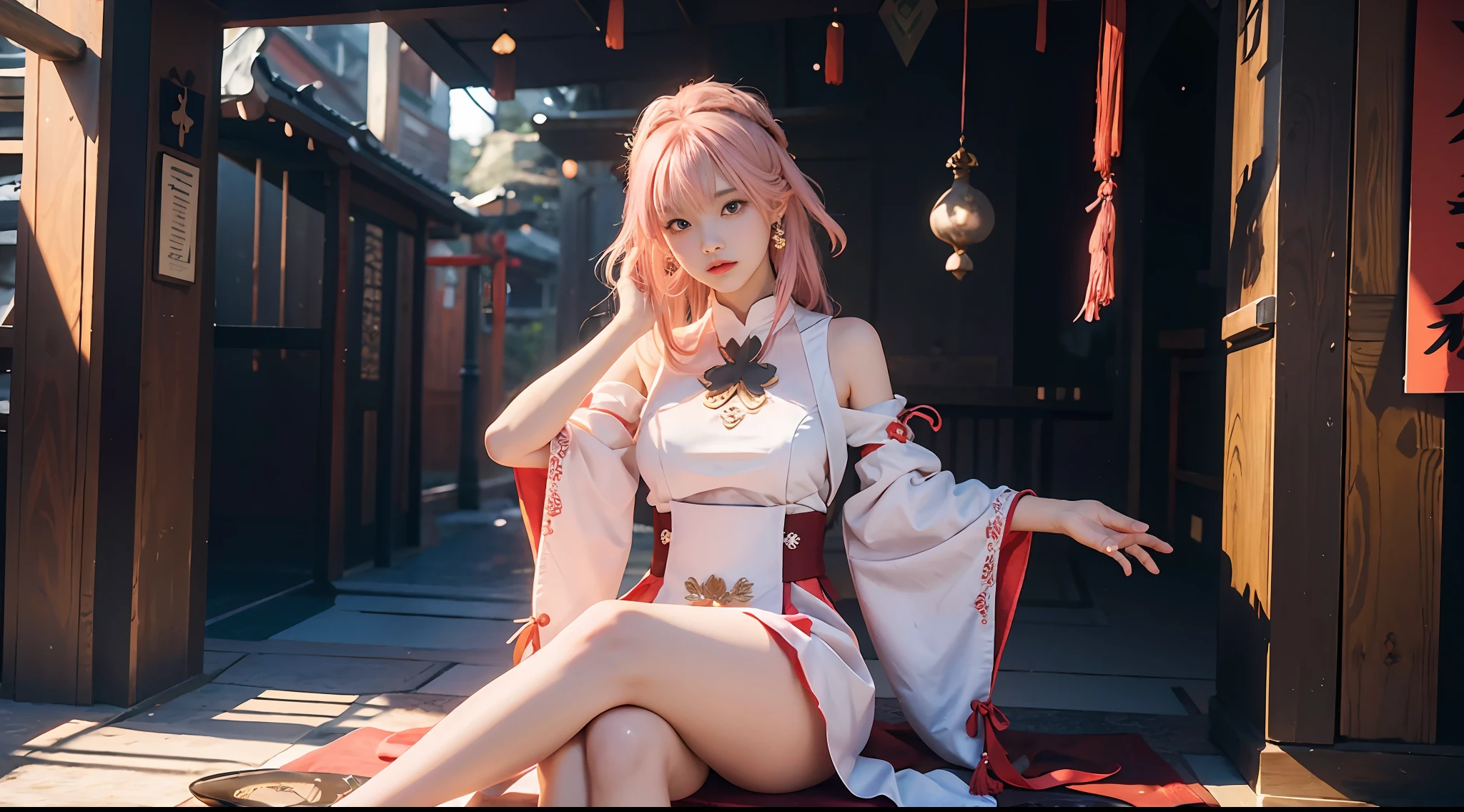 Girl in pink dress posing enchantingly, Keqing from Genshin Impact, Nakari from Genshin Impact, Barbie in white lace stockings, from Azure Lane video game, Ki no Sakura, popular on CGSTATION, Ayaka Genshin Impact, Ayaka Game Genshin Impact, sitting, lights hitting important places, Peter Savile's "Super Wide Angle" album cover in gold and black tones adds a historical and traditional atmosphere to the futuristic background East Asian architecture, blurred background, full body, With the arms behind the back, overall, the design creates a powerful visual representation that evokes excitement and anticipation in the viewer, evoking their feelings about the music within the album. Flowers in hand