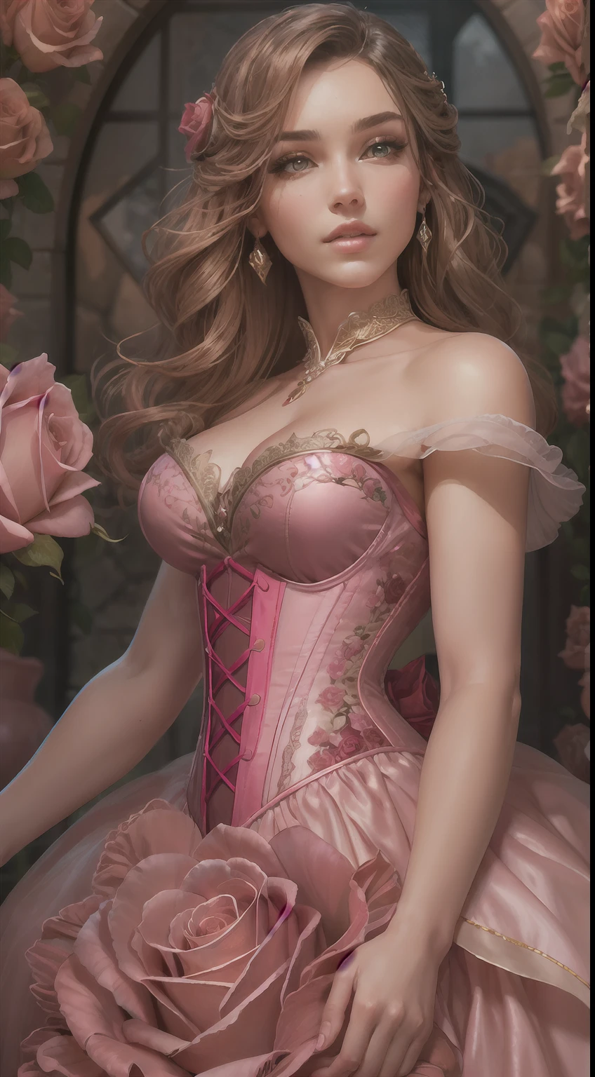This is realistic fantasy artwork set in the castle's enchanted rose garden. Generate a proud woman with a highly detailed face dressed in the billowing folds of a stunning French silk ballgown. The woman's sweet face is ((((highly detailed, with realistic features and soft, puffy lips.))))  The ballgown is embellished with ruffles, sashes, and bows and a delicately, but intricately, hand-embroidered bodice. The corset features silk ribbon. The woman's stunning eyes are beautifully detailed, featuring realistic shading and multiple colors and high resolution. The woman is in a garden of eternal roses, each one beautifully formed and highly detailed. These realistic roses feature shimmering shades of pink, yellow, orange, and glimmering red. The eternal rose is a deep shade of red with shimmering pink overtones and undertones. Ensure that the woman's face, hair, and eyes are perfect. realism, high fantasy, whimsical fantasy, storybook fantasy, fairytale fantasy, fantasy details, enchanting, bewitching, 8k, hires, cgi, digital painting, unity, unreal engine, (((masterpiece))), intricate, elegant, highly detailed, majestic, digital photography, art by artgerm and ruan jia and greg rutkowski, (masterpiece, finely detailed beautiful eyes: 1.2), hdr, realistic skin texture, (((1woman))), (((solo))), Include a highly detailed face, extremely detailed face, and interesting background.