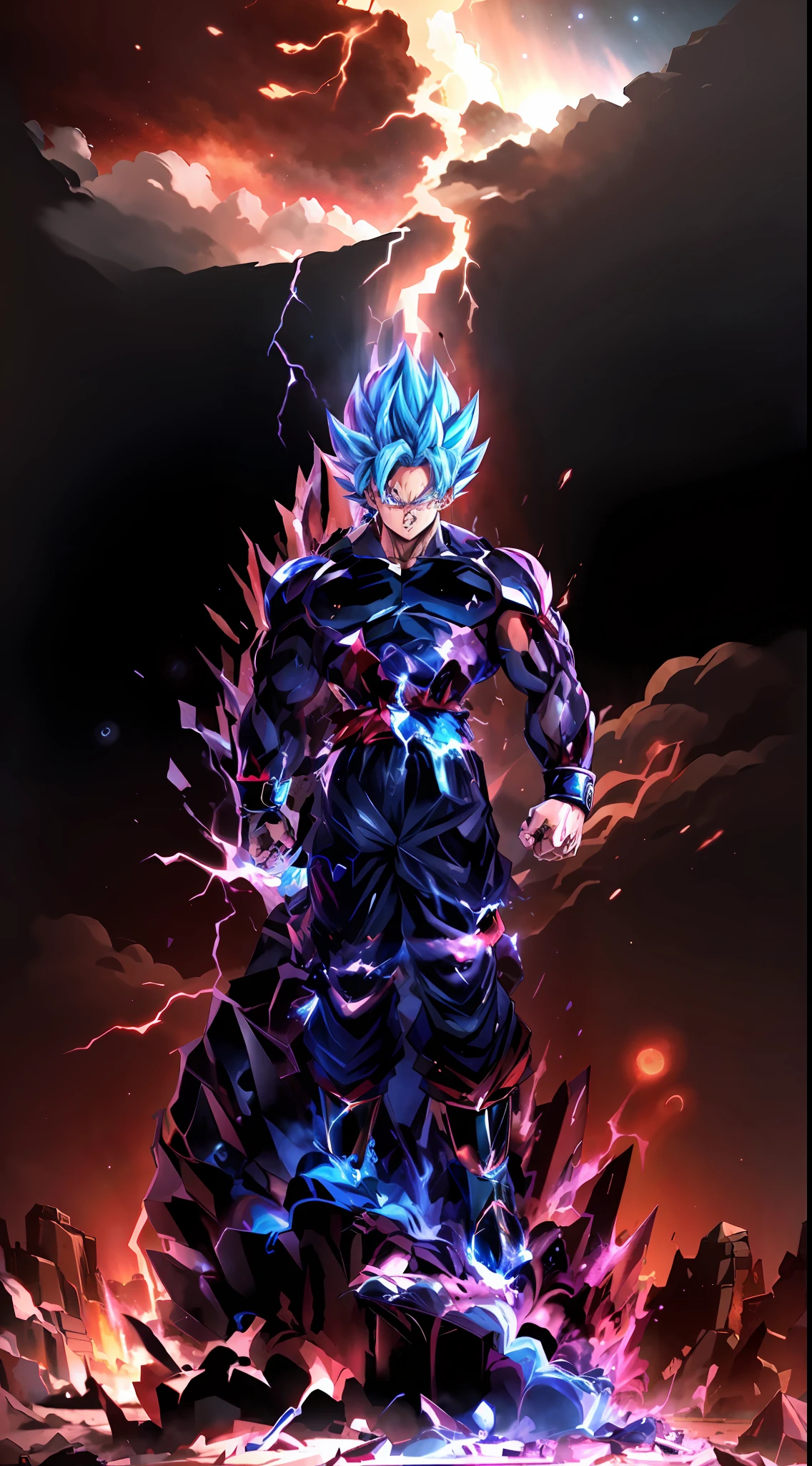 The Super Ice Saiyan girl unleashes huge energy waves that shatter the starry sky and generate huge shock waves. Standing on the ice dragon, the background is the rainstorm meteor universe. Energy waves are a mixture of red and blue tones with swirling patterns. (Ice Magic: 1.2), (Epic: 1.3), (Chaos Ingredients: 1.2), (Metal: 1.1), (Dark Red: 1.1), (Comic Book: 1.2), ((3D)), (((Actual))),