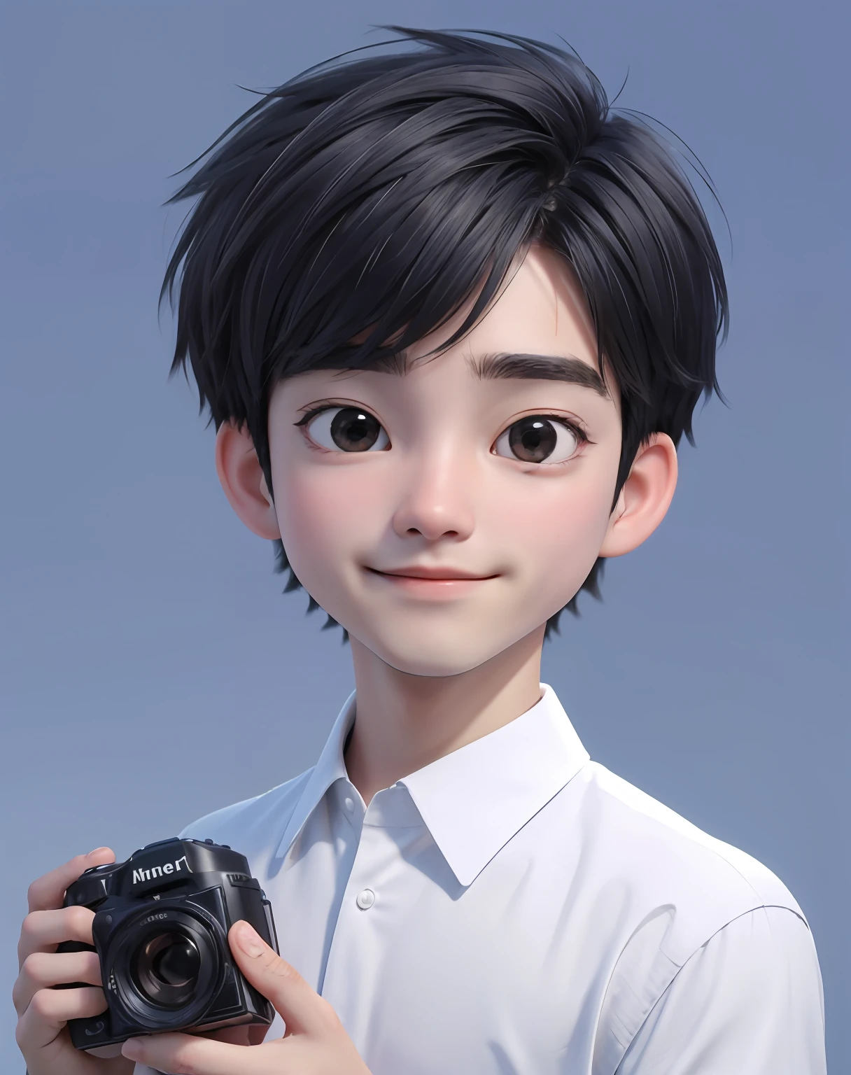 best quality, 25 years old, alone, cartoon portrait, with a short beard, the background is a room with a film set, short hair, Boy holding the camera in the air taking pictures, with a beard on his face