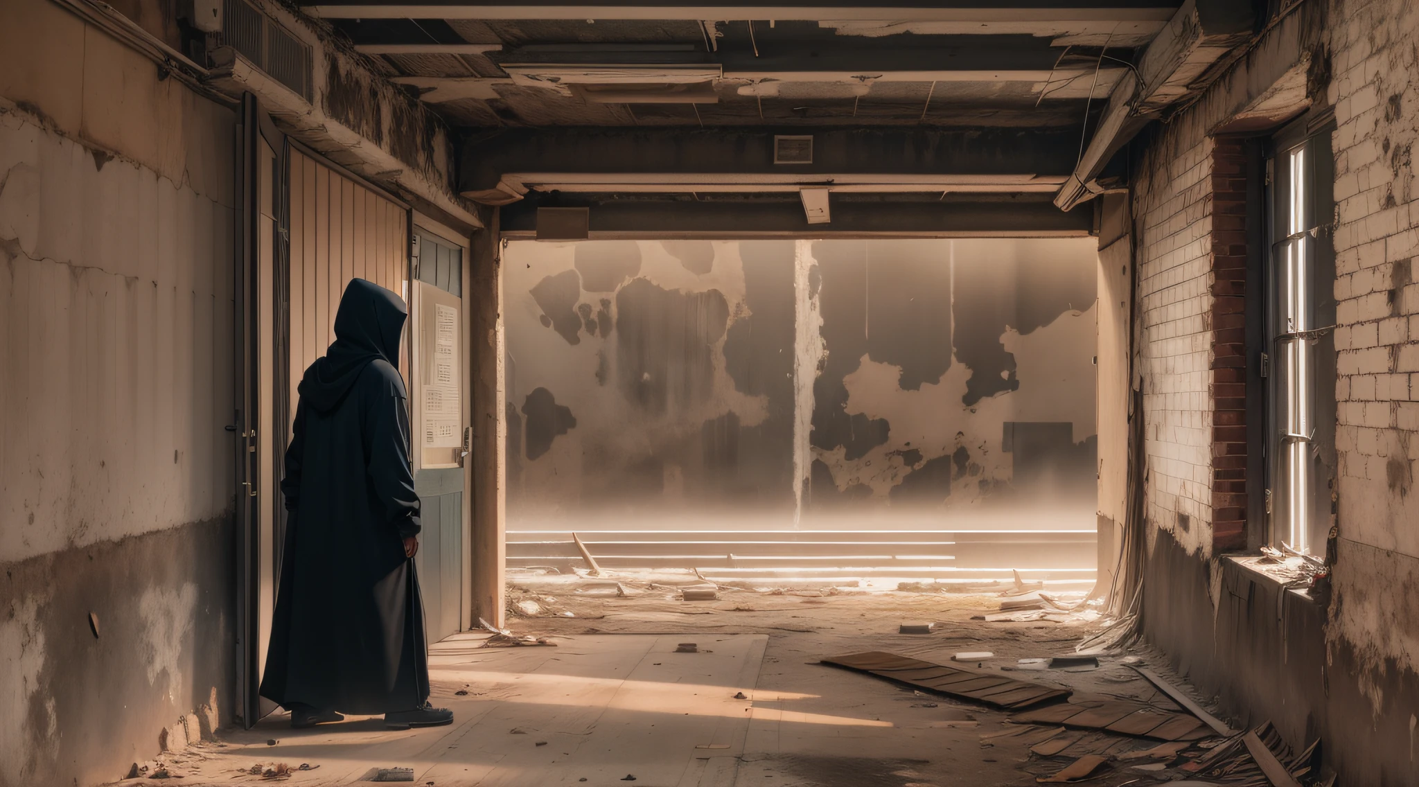 a black-hooded man entering a dark, abandoned building