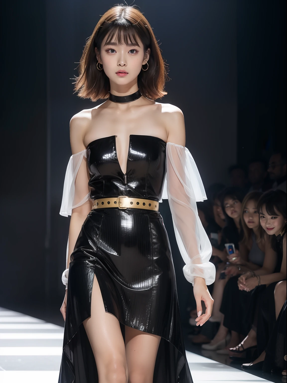 (Best quality, 8k, 32k, Masterpiece, UHD:1.2),Photo of Pretty Japanese woman, 1girl, (medium-short dark brown hair), double eyelid, fashion model, beautiful legs, unique maxi very wet glod dress with slit, off-shoulder, gold belt, choker, stand tall, runway, huge stage, Paris Collection, nsfw, full body, see through,,