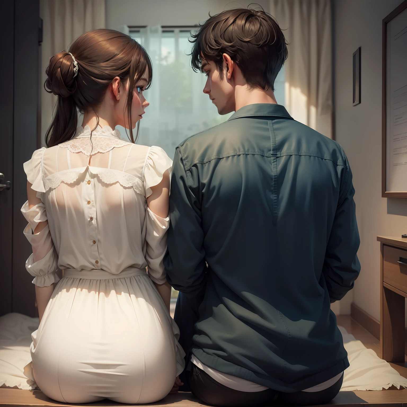 An emotional illustration depicting a couple with their backs to each other, with sad and desolate expressions. Both are seated or standing, distantes, clearly showing the emotional disconnect between them.

O ambiente ao redor pode ser representado com cores mais frias e sombrias, reflecting the sadness and desolation that permeate the scene. Detalhes adicionais, like a light rain or heavy clouds in the sky, may accentuate the melancholic mood.

The couple's clothes can be chosen to indicate that they are in an intimate and personal moment, talvez em casa ou em um lugar especial para eles.

The facial expressions of the characters should be well detailed, com olhares vazios ou entristecidos, conveying the pain of the emotional disconnect they are experiencing.

This illustration conveys a message of sadness and estrangement in a relationship. It can be used to represent the importance of communication and empathy between partners, showing the need to face difficulties and seek emotional reconnection. --ar 16:9 --v 5