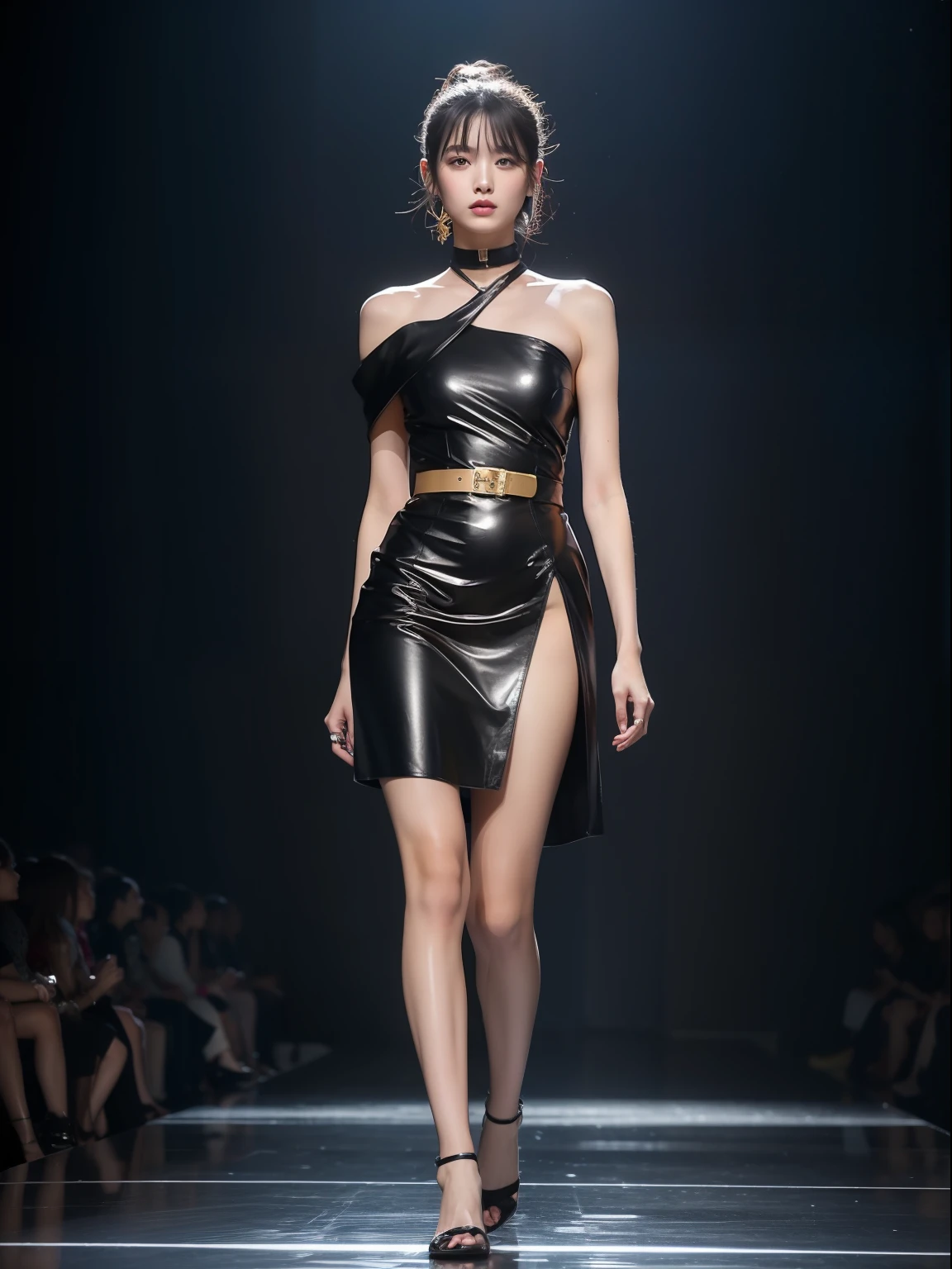 (Best quality, 8k, 32k, Masterpiece, UHD:1.2),Photo of Pretty Japanese woman, 1girl, (medium-short dark brown hair), double eyelid, fashion model, beautiful legs, unique maxi very wet glod dress with slit, off-shoulder, gold belt, choker, stand tall, runway, huge stage, Paris Collection, nsfw, full body, see through,,