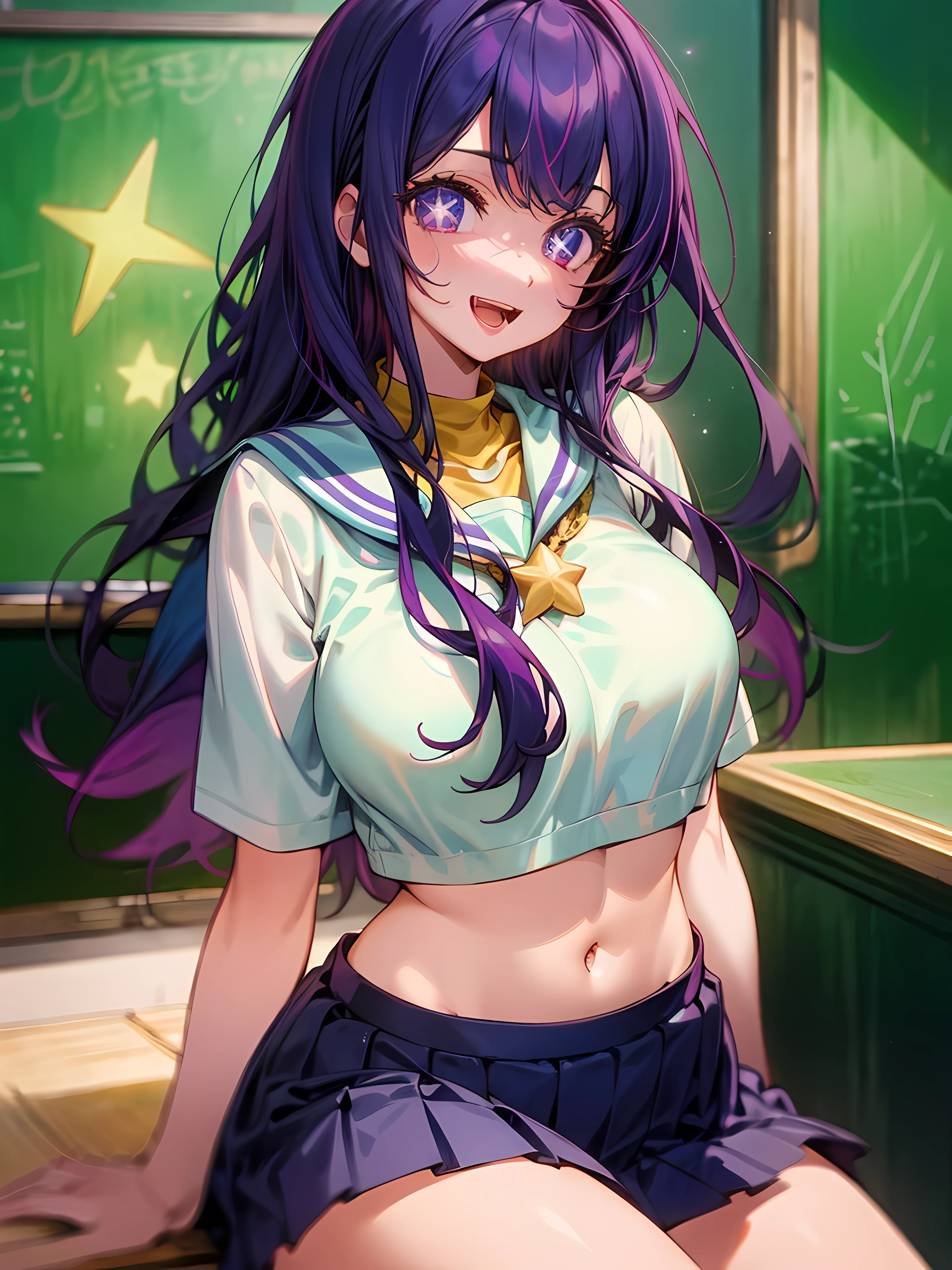 1girll, sitting on the classroom desk, ‎Classroom, Purple colored hair,Blowing hair, Long hair, Purple eye,Star eyes,Sparkling eyes,Shining eyes,Detailed eyes,Skirt, Solo, upper legs, Sailor school uniform, navel, Pleated skirt, midriff, Blue eyes, White shirt, Collar, Smile, Medium breasts, view the viewer, Open mouth,,Large breasts,