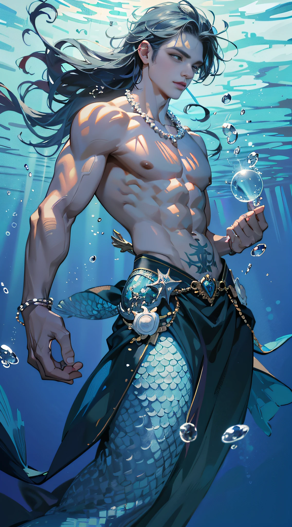 (tmasterpiece,A high resolution,ultra - detailed:1.0),(1 boy,Young male:1.3),(Masculine face:1.3), Adult male,Perfect male body,a broad shouldered,strong muscle,Mermaid line,chest muscle,(Man fish:1.5), (Fishtail:1.3), (eye looking to camera), Delicate eyes and delicate face,Extremely detailed CG,Unity 8k wallpaper,Complicated details,(confident smile),Toothy smile,,Hair flying in the water,light blue colored skin,Fin ears,There are fine scales on the skin,top less,Wear a pearl shell necklace,full bodyesbian,solo person,Detailed face, ("Ocean and underwater world" Theme:1.1), (Under water,Ocean bubbles,Underwater light and shadow),portraitures,