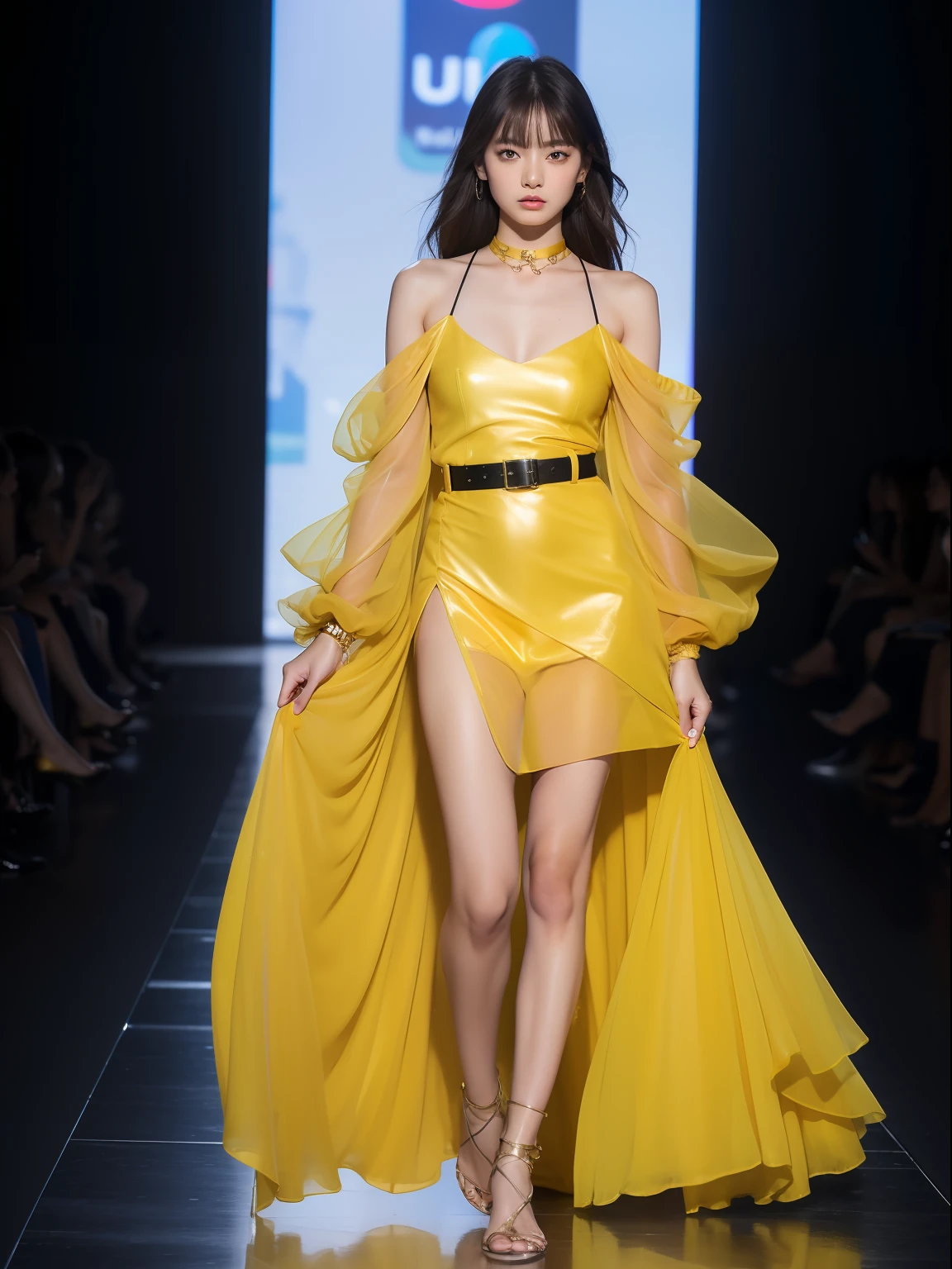 (Best quality, 8k, 32k, Masterpiece, UHD:1.2),Photo of Pretty Japanese woman, 1girl, (medium-short dark brown hair), double eyelid, fashion model, beautiful legs, unique maxi very wet yellow dress with slit, off-shoulder, gold belt, choker, stand tall, runway, huge stage, Paris Collection, nsfw, full body, see through,,