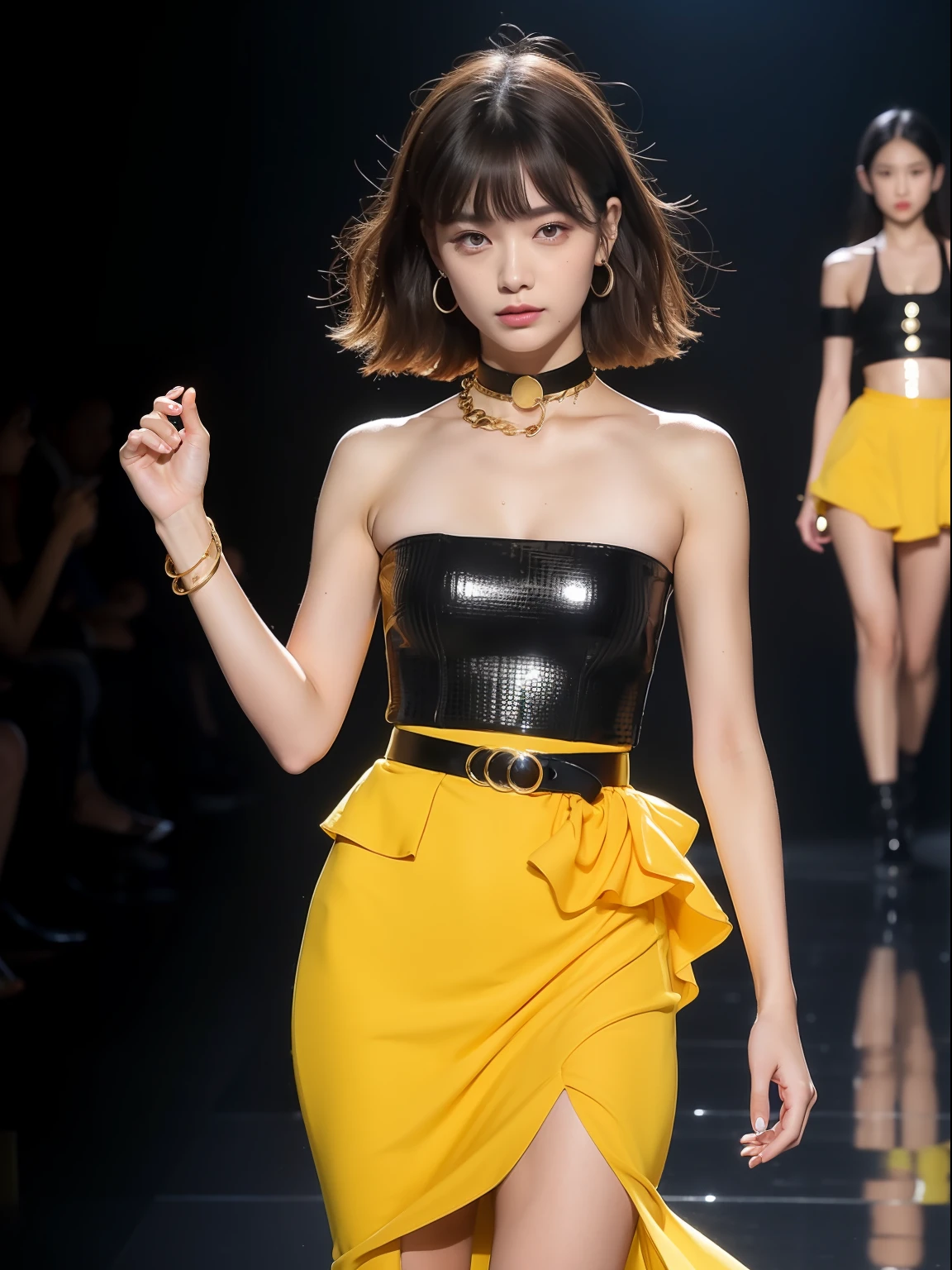 (Best quality, 8k, 32k, Masterpiece, UHD:1.2),Photo of Pretty Japanese woman, 1girl, (medium-short dark brown hair), double eyelid, fashion model, beautiful legs, unique maxi very wet yellow dress with slit, off-shoulder, gold belt, choker, stand tall, runway, huge stage, Paris Collection, nsfw, full body, see through,,