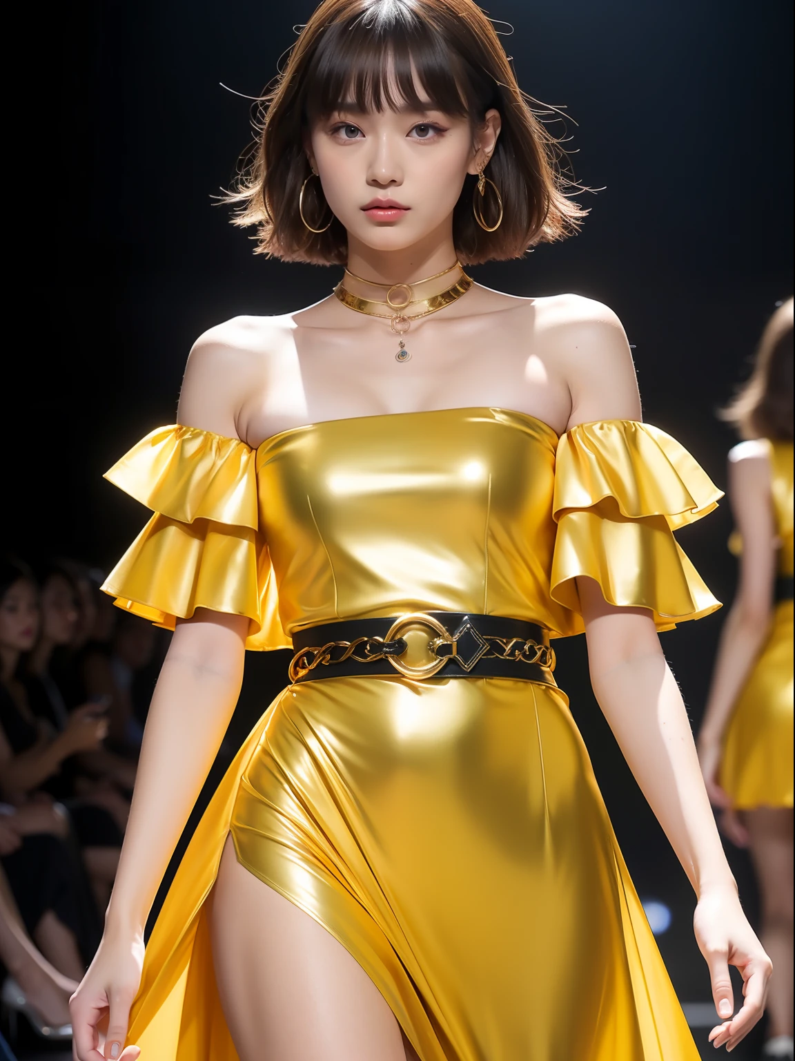 (Best quality, 8k, 32k, Masterpiece, UHD:1.2),Photo of Pretty Japanese woman, 1girl, (medium-short dark brown hair), double eyelid, fashion model, beautiful legs, unique maxi very wet yellow dress with slit, off-shoulder, gold belt, choker, stand tall, runway, huge stage, Paris Collection, nsfw, full body, see through,,