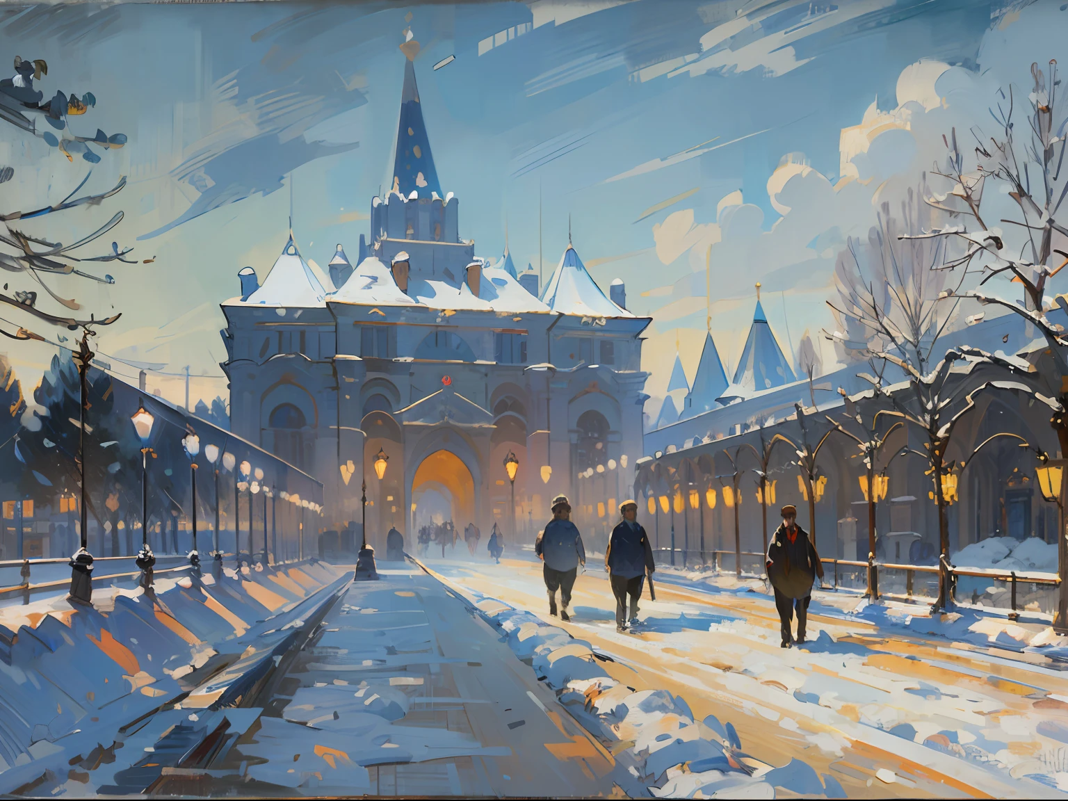 ((palace)), columns, night, evening, lights, ((Russia)), ((19 century)), coaches with horses, snow, winter, (Renoir), (Monet), (oil painting), (Sketch)